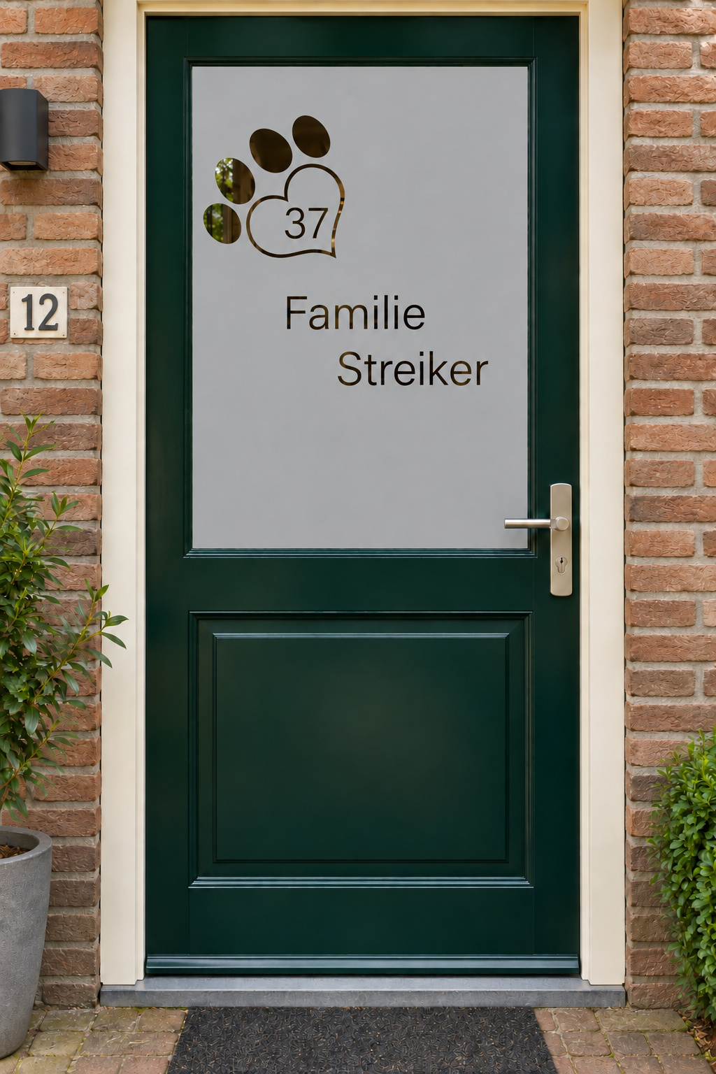 Nederlandse voordeur recht van voren met raamfolie huisnummer in hondenpootje: een hondenpoot met hartvormig kussen en huisnummer.