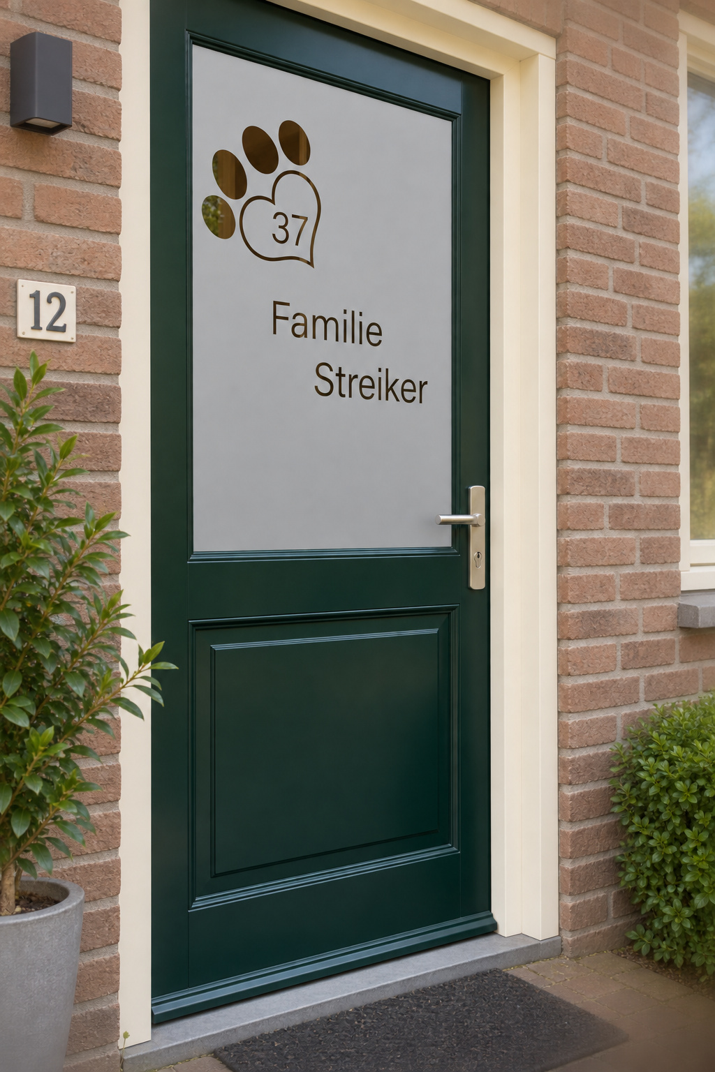 Schuin aanzicht van een Nederlandse voordeur met een hondenpoot met hartvormig kussen en huisnummer in raamfolie huisnummer in hondenpootje.