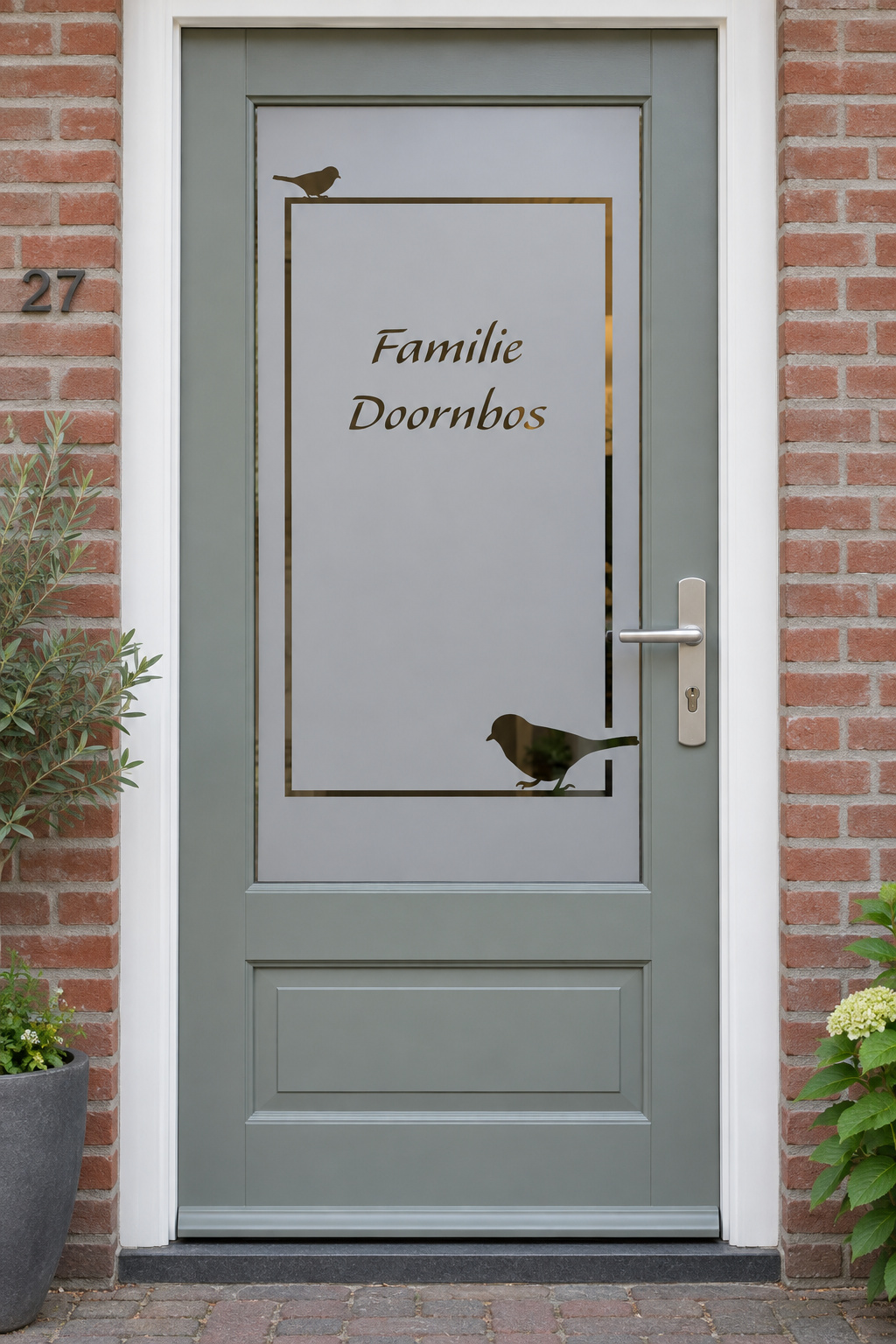 Nederlandse voordeur recht van voren met raamfolie kader en vogeltjes: twee vogeltjes aan een rechthoekig kader met familienaam.