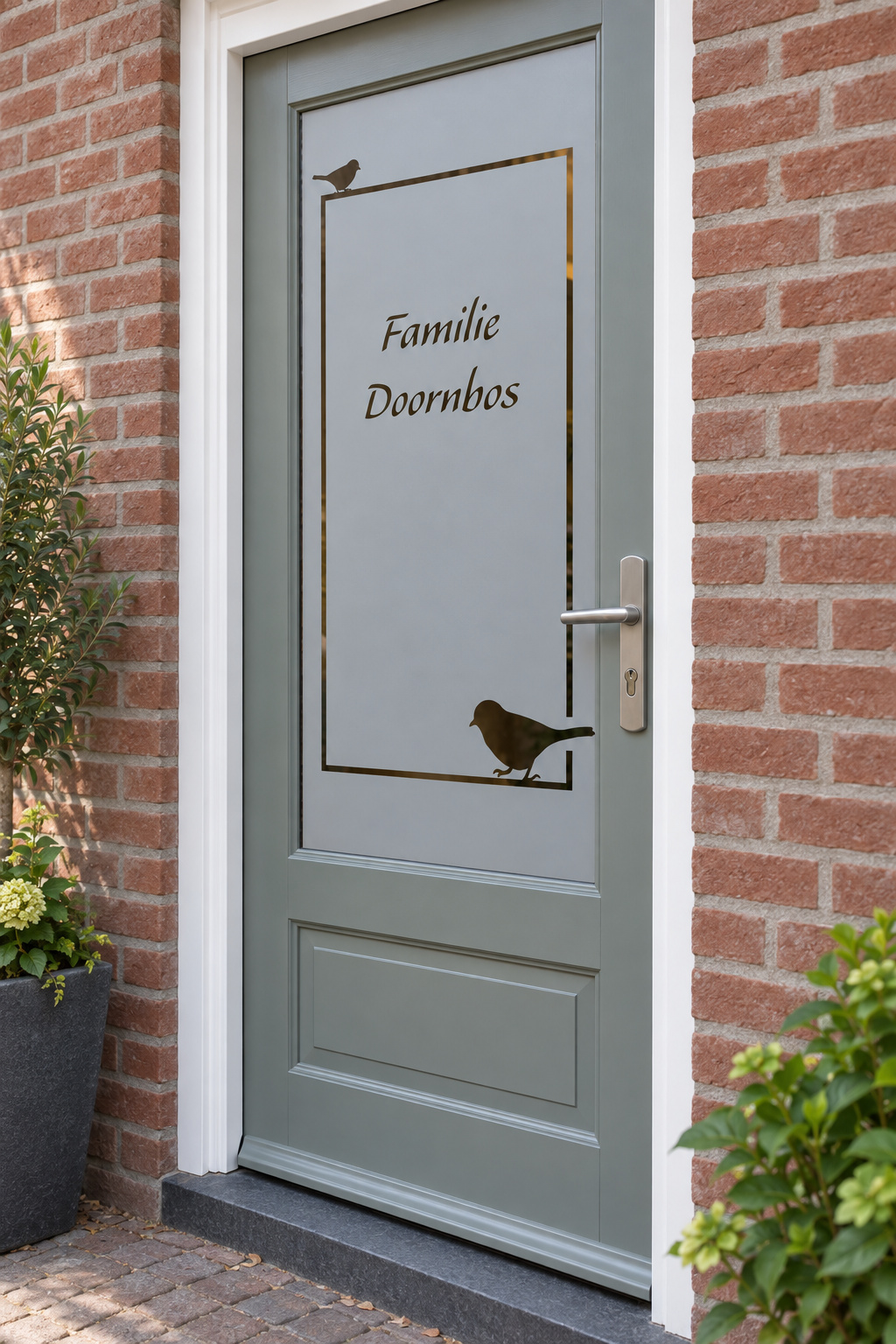 Schuin aanzicht van een Nederlandse voordeur met twee vogeltjes aan een rechthoekig kader met familienaam in raamfolie kader en vogeltjes.