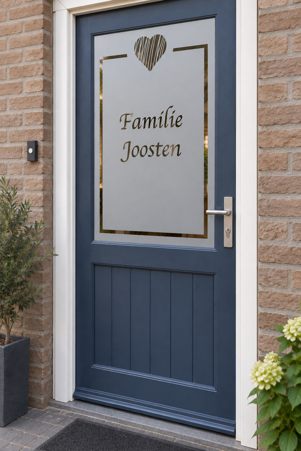 Schuin aanzicht van een Nederlandse voordeur met een gestreept hart boven een kader met familienaam in raamfolie kader hartje en achternaam.