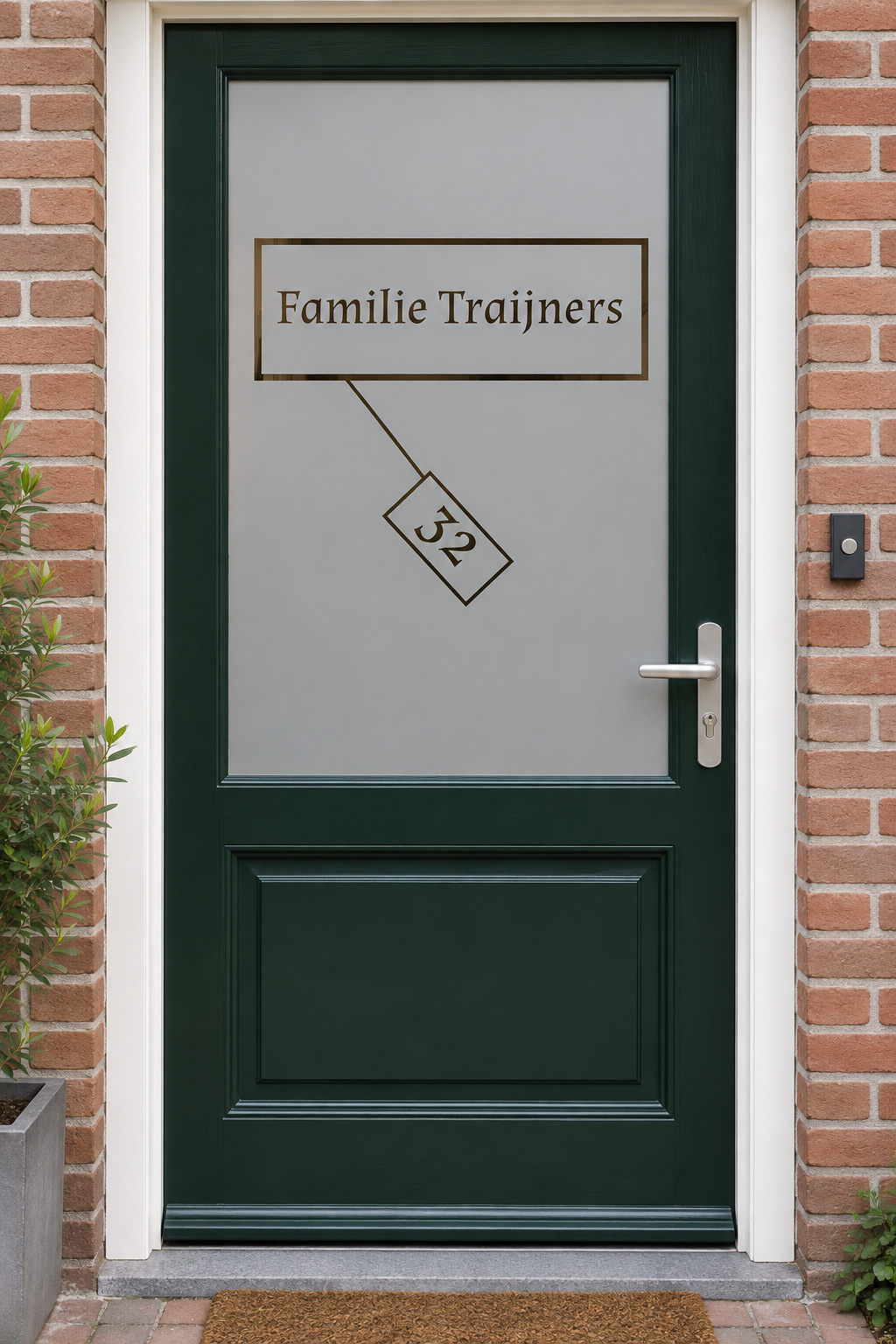Nederlandse voordeur recht van voren met raamfolie kader met label: een naamkader met een huisnummerlabel.