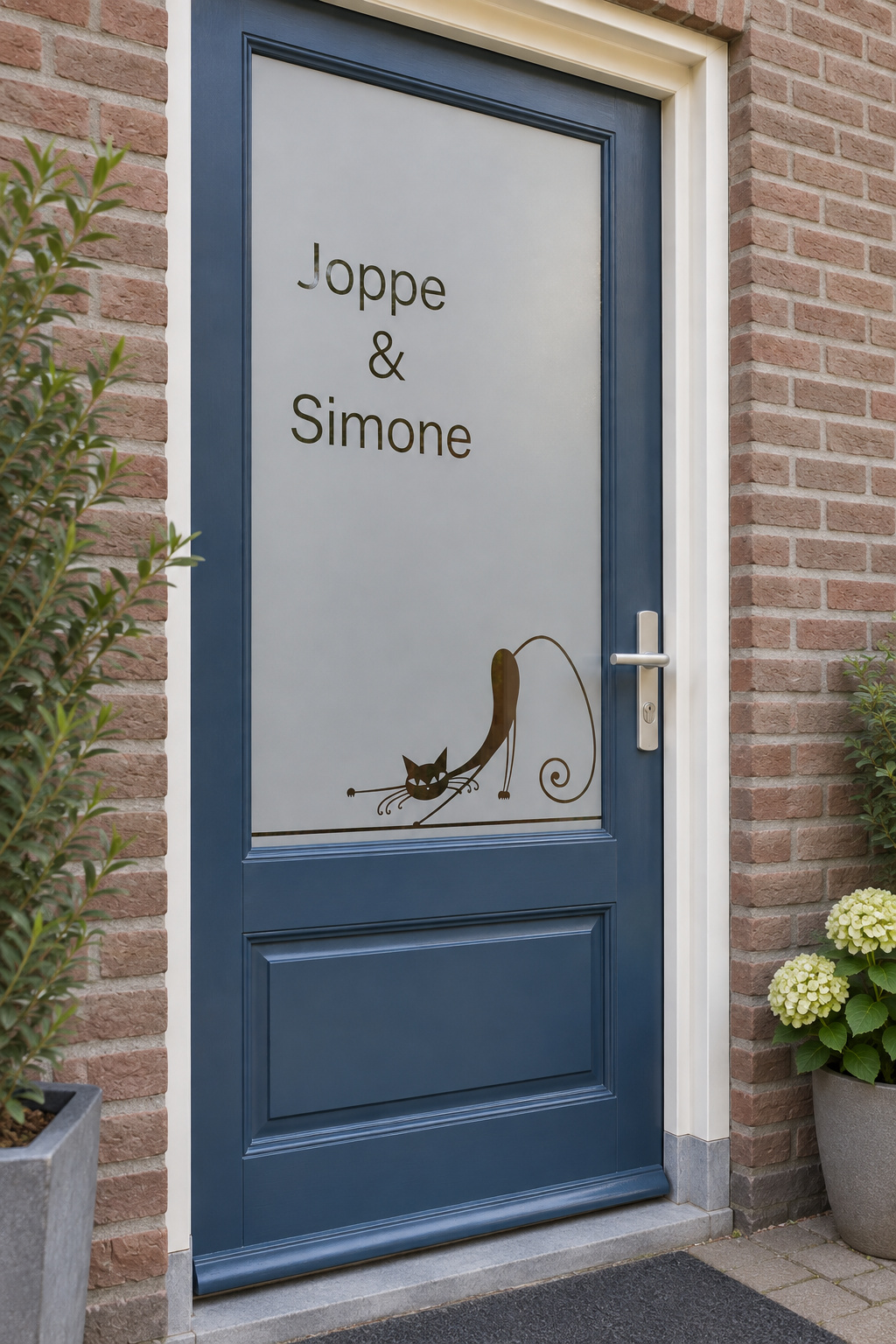 Schuin aanzicht van een Nederlandse voordeur met een speelse kat met twee namen in raamfolie kat met namen.