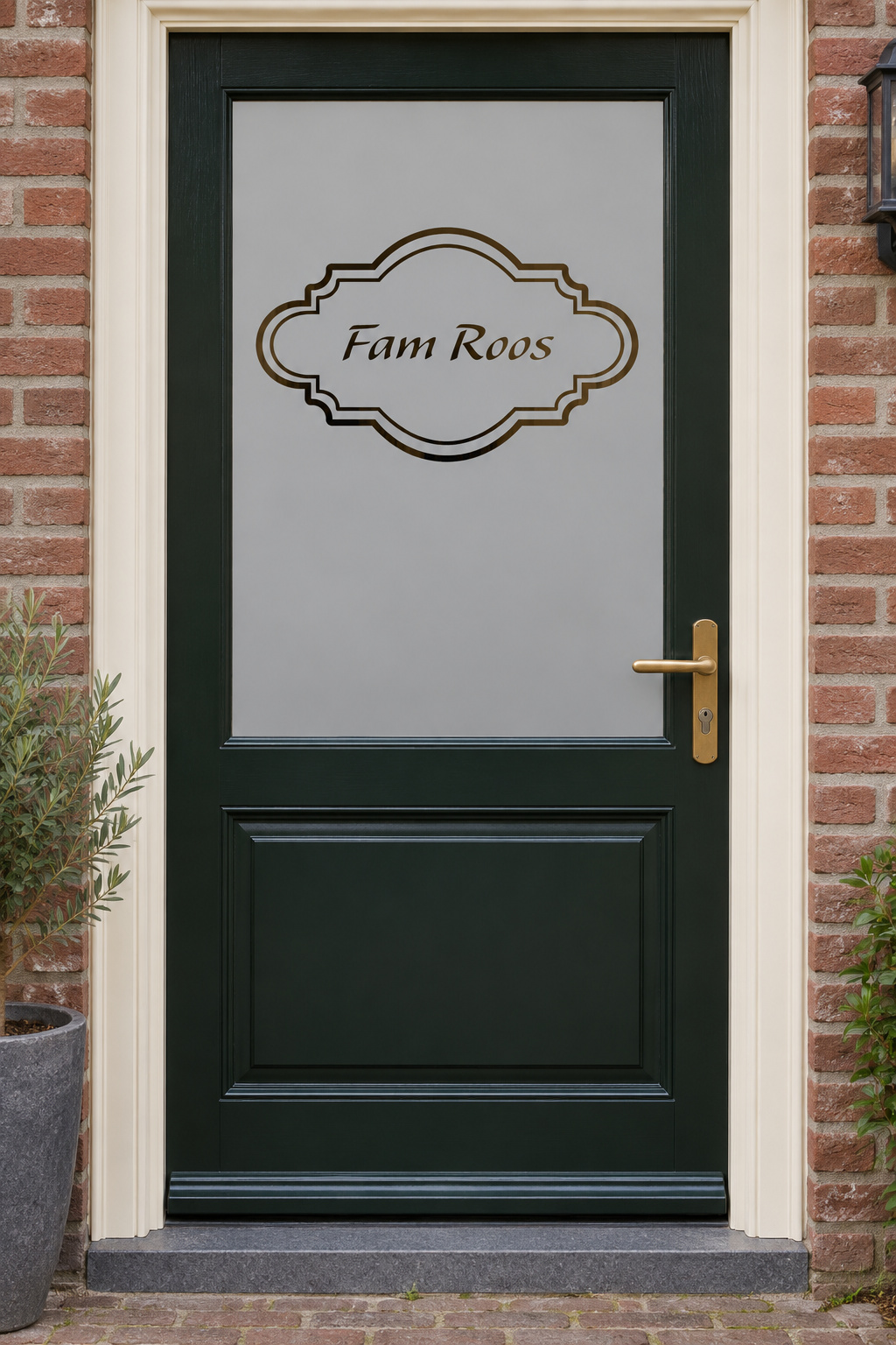 Nederlandse voordeur recht van voren met raamfolie klassiek kader met naam: een klassiek dubbel sierkader rond de familienaam.