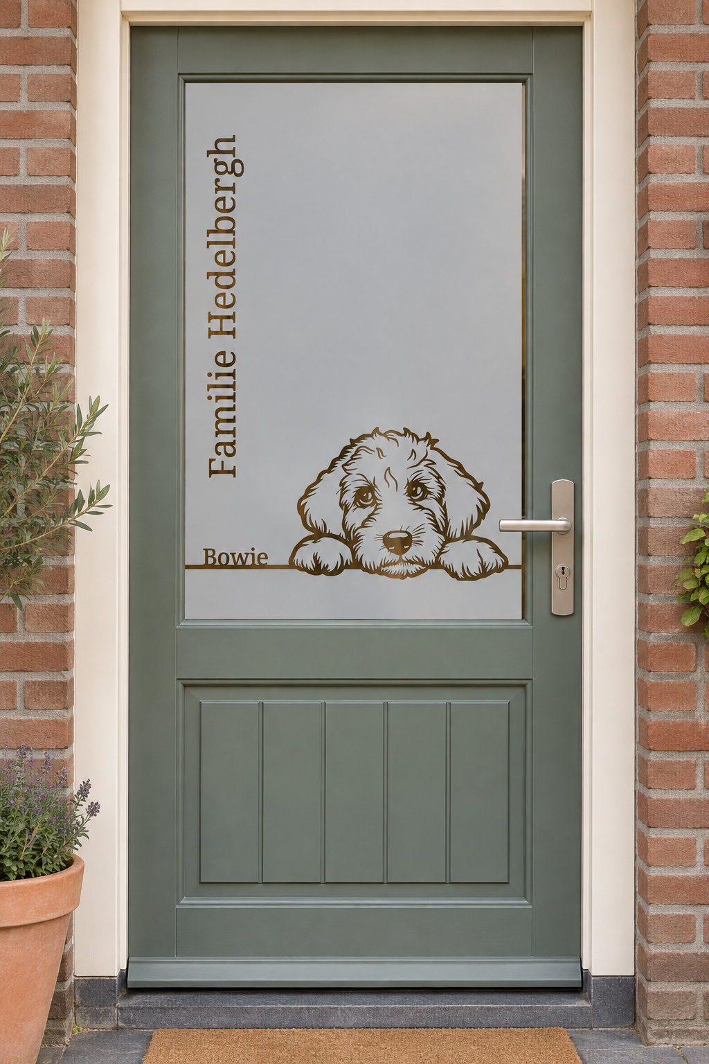 Nederlandse voordeur recht van voren met raamfolie labradoodle en naam: een labradoodle met hondennaam en familienaam.
