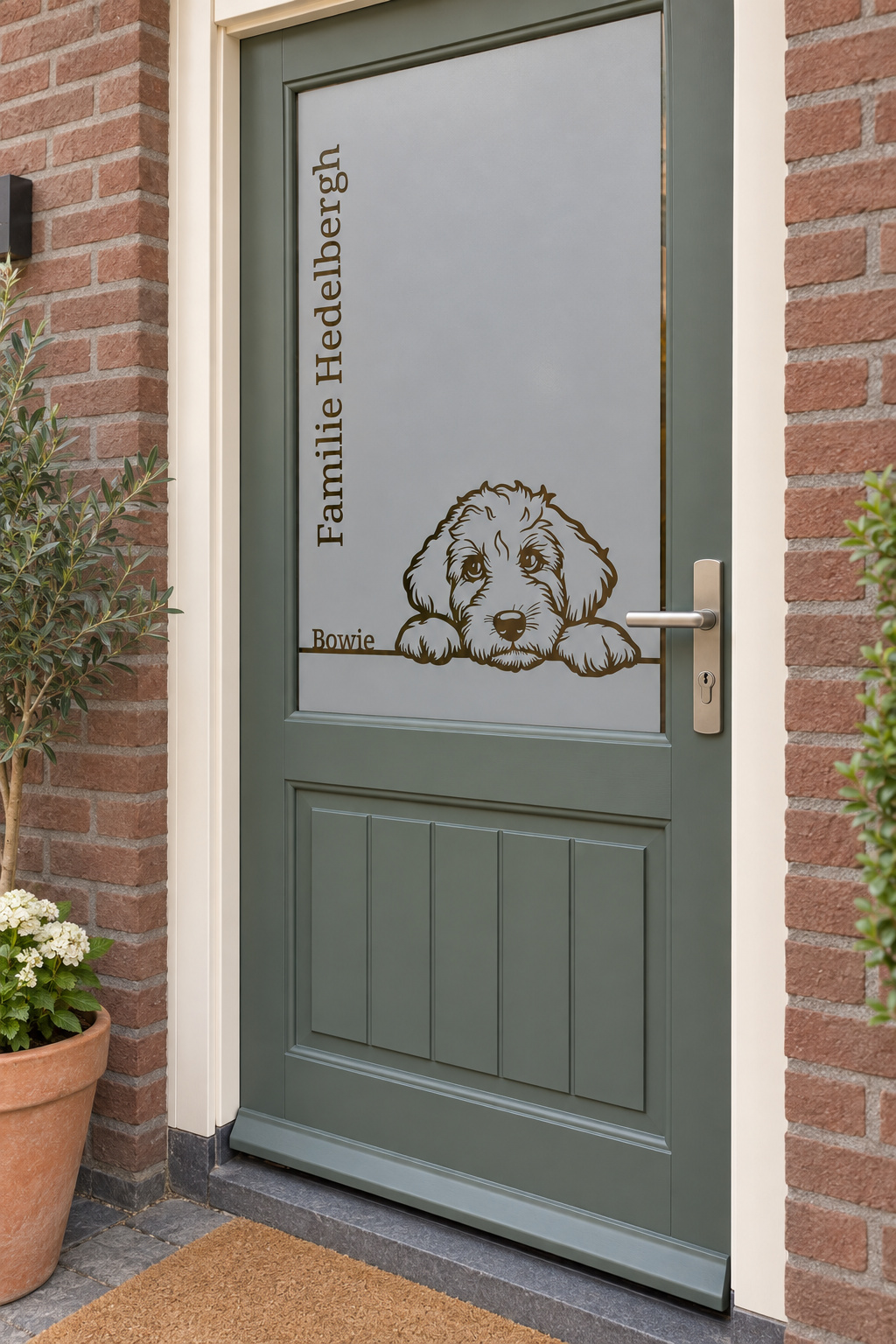 Schuin aanzicht van een Nederlandse voordeur met een labradoodle met hondennaam en familienaam in raamfolie labradoodle en naam.
