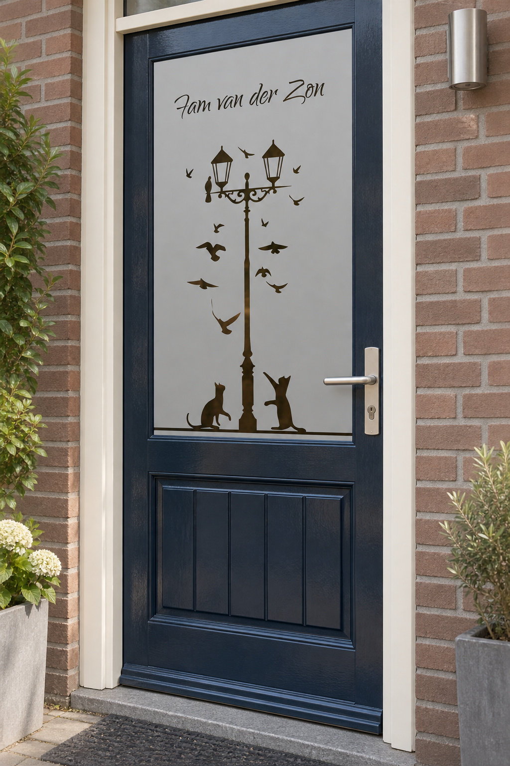 Schuin aanzicht van een Nederlandse voordeur met een lantaarnpaal met twee katten, vogels en familienaam in raamfolie lantaarn poezen en vogels.