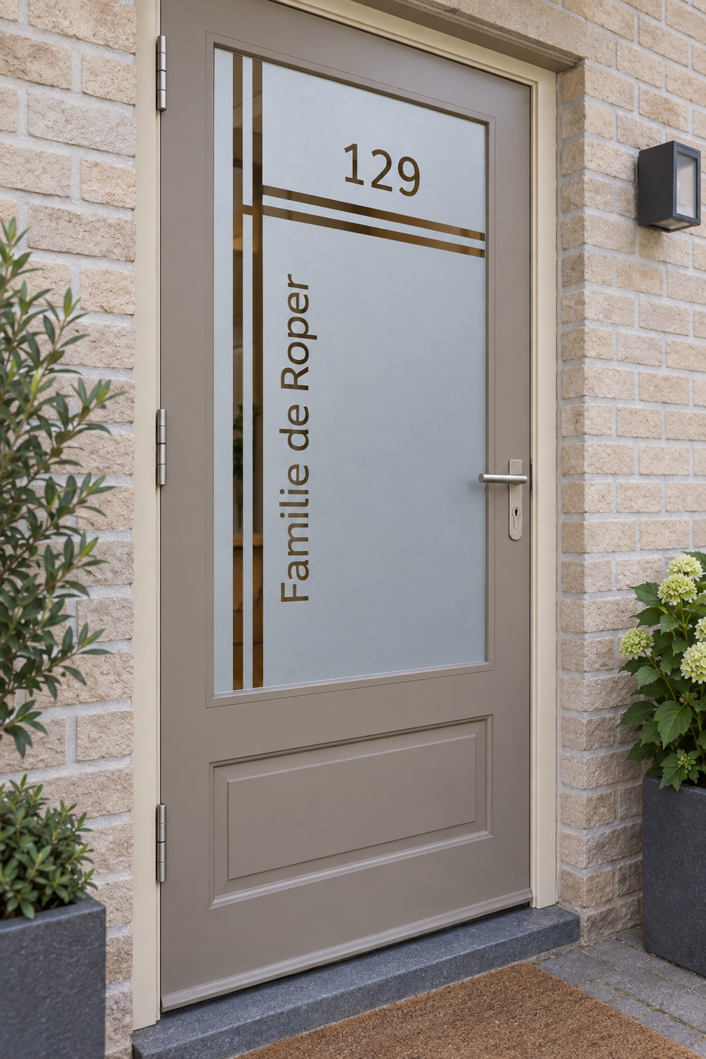 Schuin aanzicht van een Nederlandse voordeur met haakse lijnen met huisnummer en familienaam in raamfolie lijnenwerk met naam.