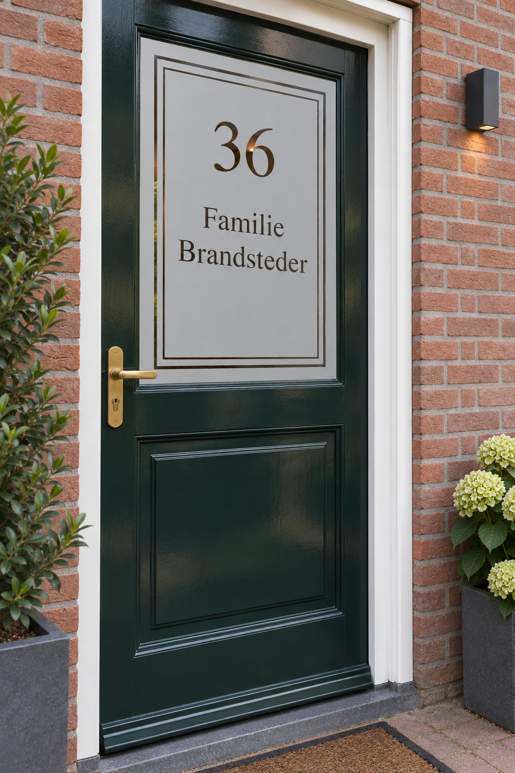 Schuin aanzicht van een Nederlandse voordeur met een dubbel kader met huisnummer en familienaam in raamfolie modern klassiek dubbel kader.