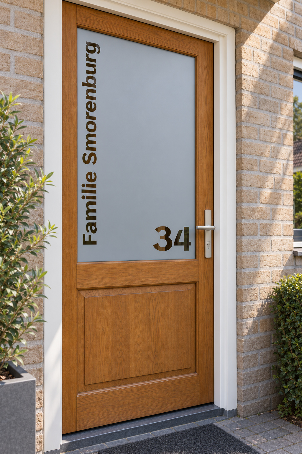 Schuin aanzicht van een Nederlandse voordeur met een verticale familienaam met een groot huisnummer rechtsonder in raamfolie modern ontwerp met huisnummer.