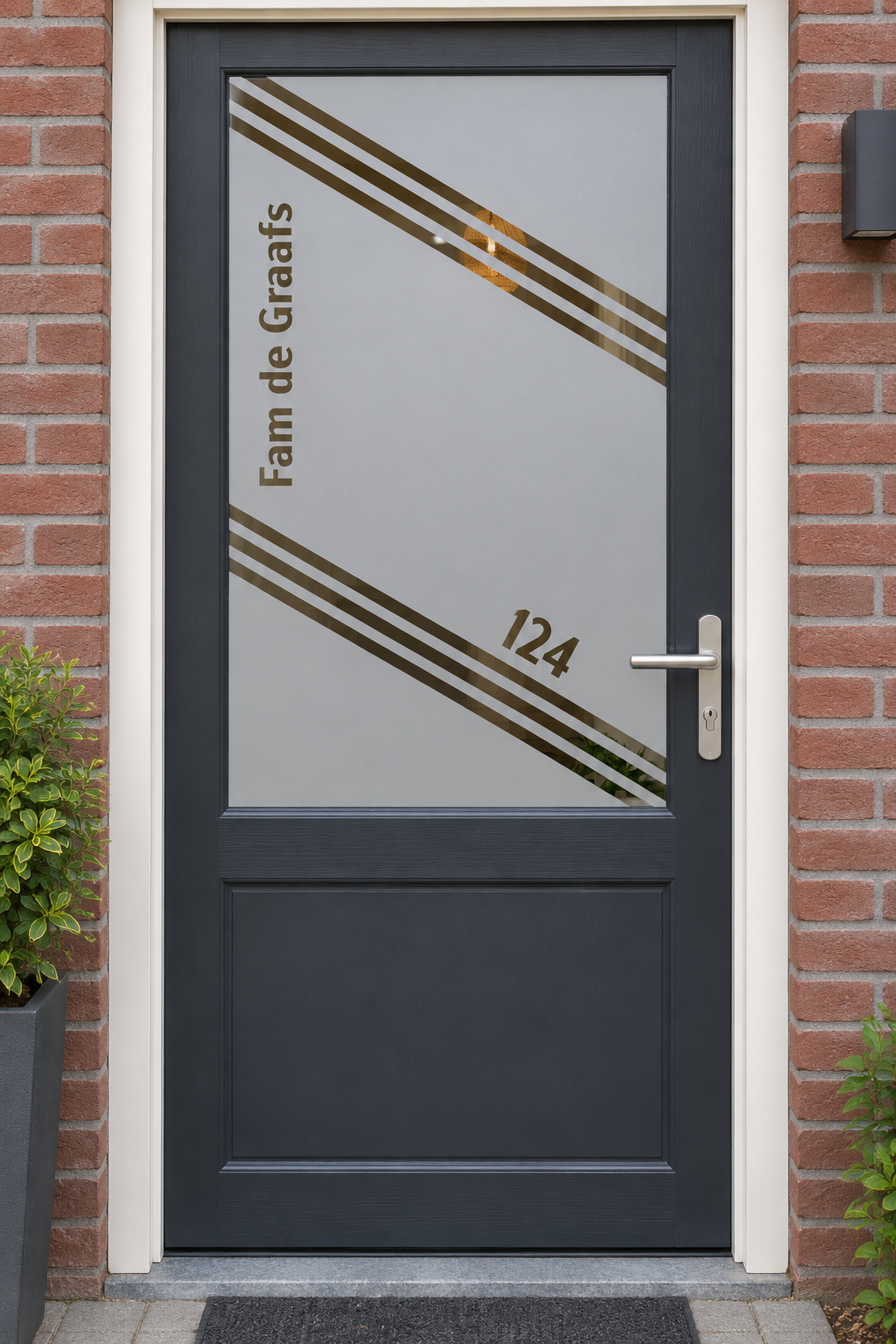Nederlandse voordeur recht van voren met raamfolie moderne schuine strepen en huisnummer: schuine strepen met familienaam en huisnummer.