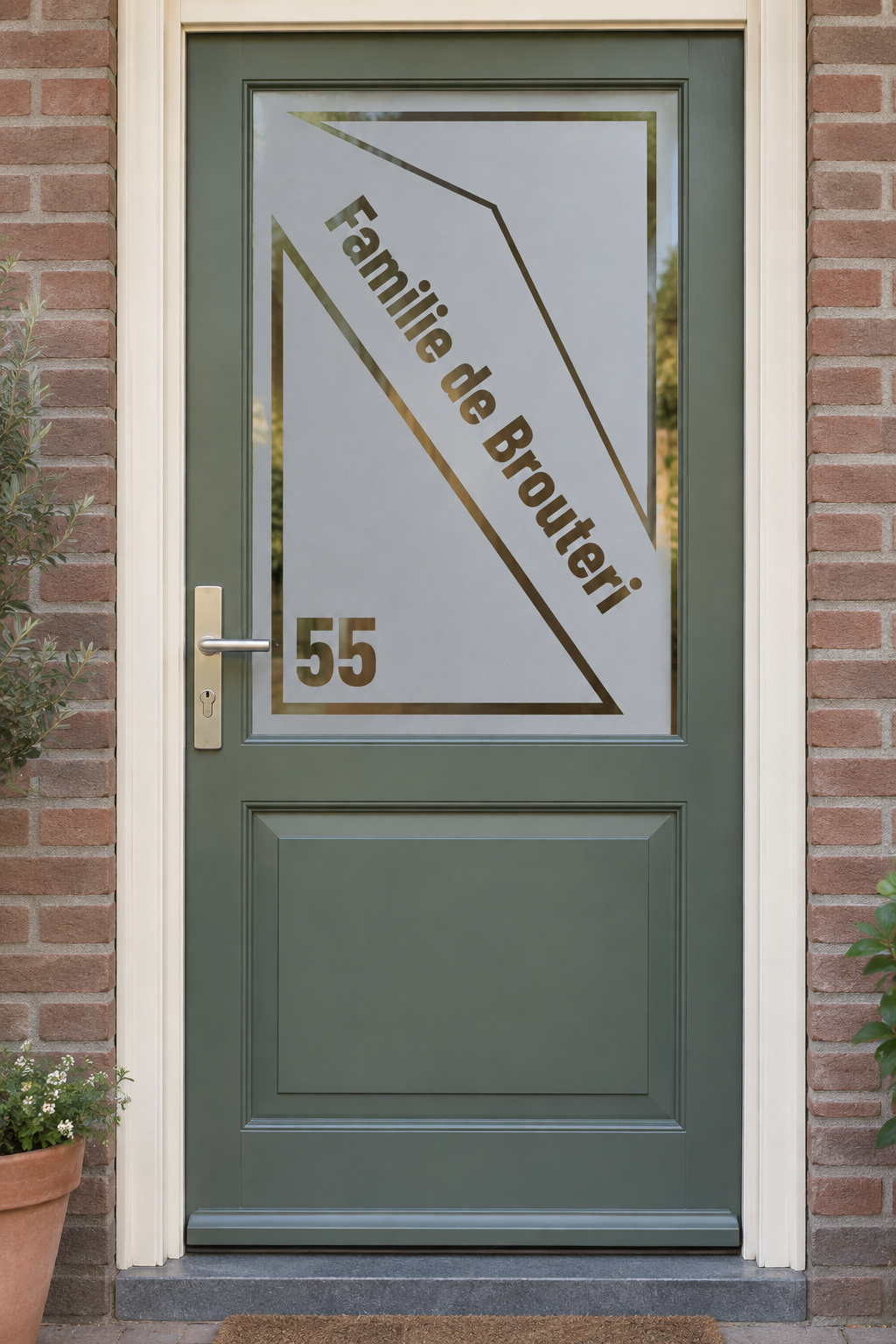 Nederlandse voordeur recht van voren met raamfolie moderne vormen: geometrische kaders met een schuine familienaam en huisnummer.
