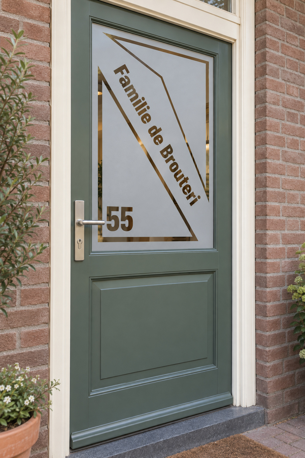 Schuin aanzicht van een Nederlandse voordeur met geometrische kaders met een schuine familienaam en huisnummer in raamfolie moderne vormen.