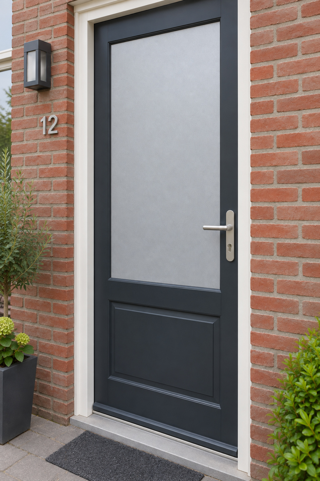 Schuin aanzicht van een Nederlandse voordeur met een egaal mat raamvlak zonder uitgesneden motief in raamfolie neutraal matglas.