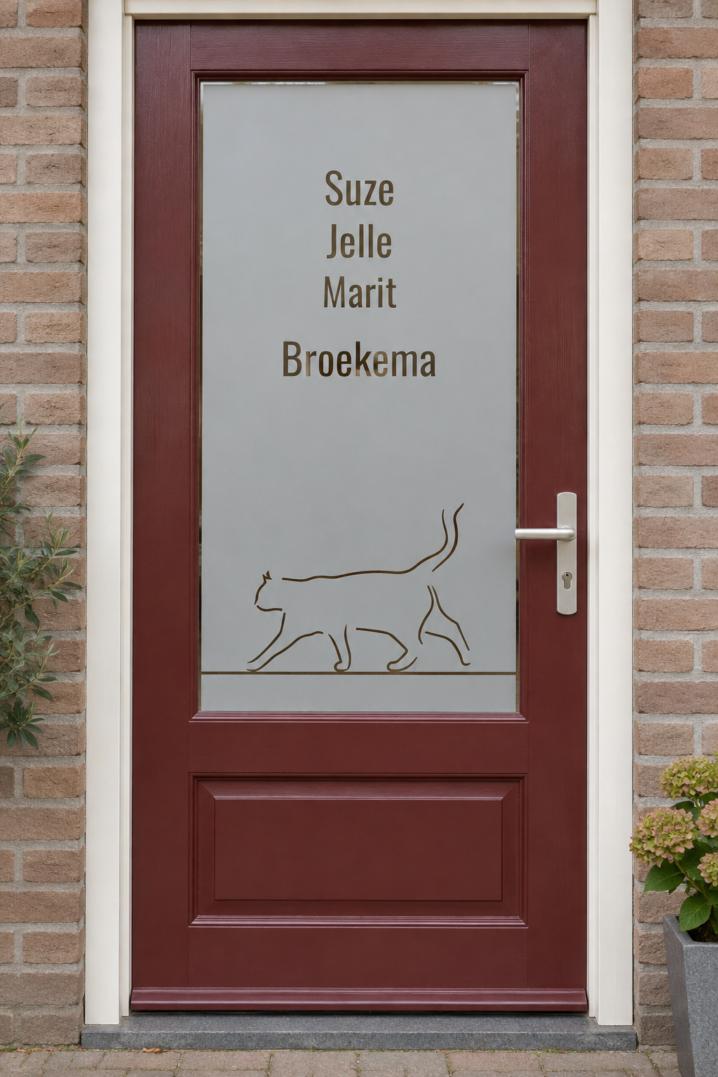 Nederlandse voordeur recht van voren met raamfolie poes en namen: een lopende poes en gezinsnamen.