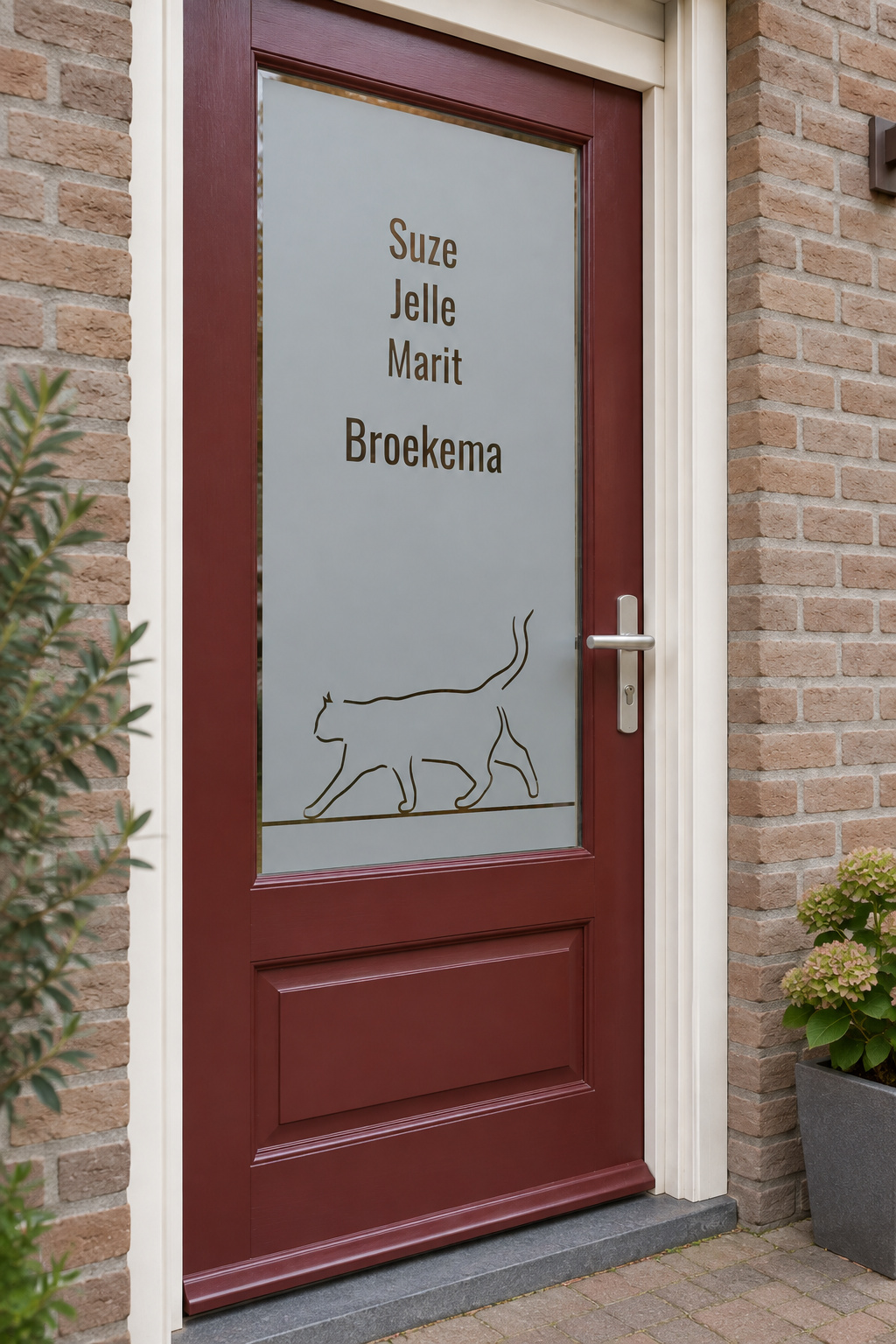 Schuin aanzicht van een Nederlandse voordeur met een lopende poes en gezinsnamen in raamfolie poes en namen.