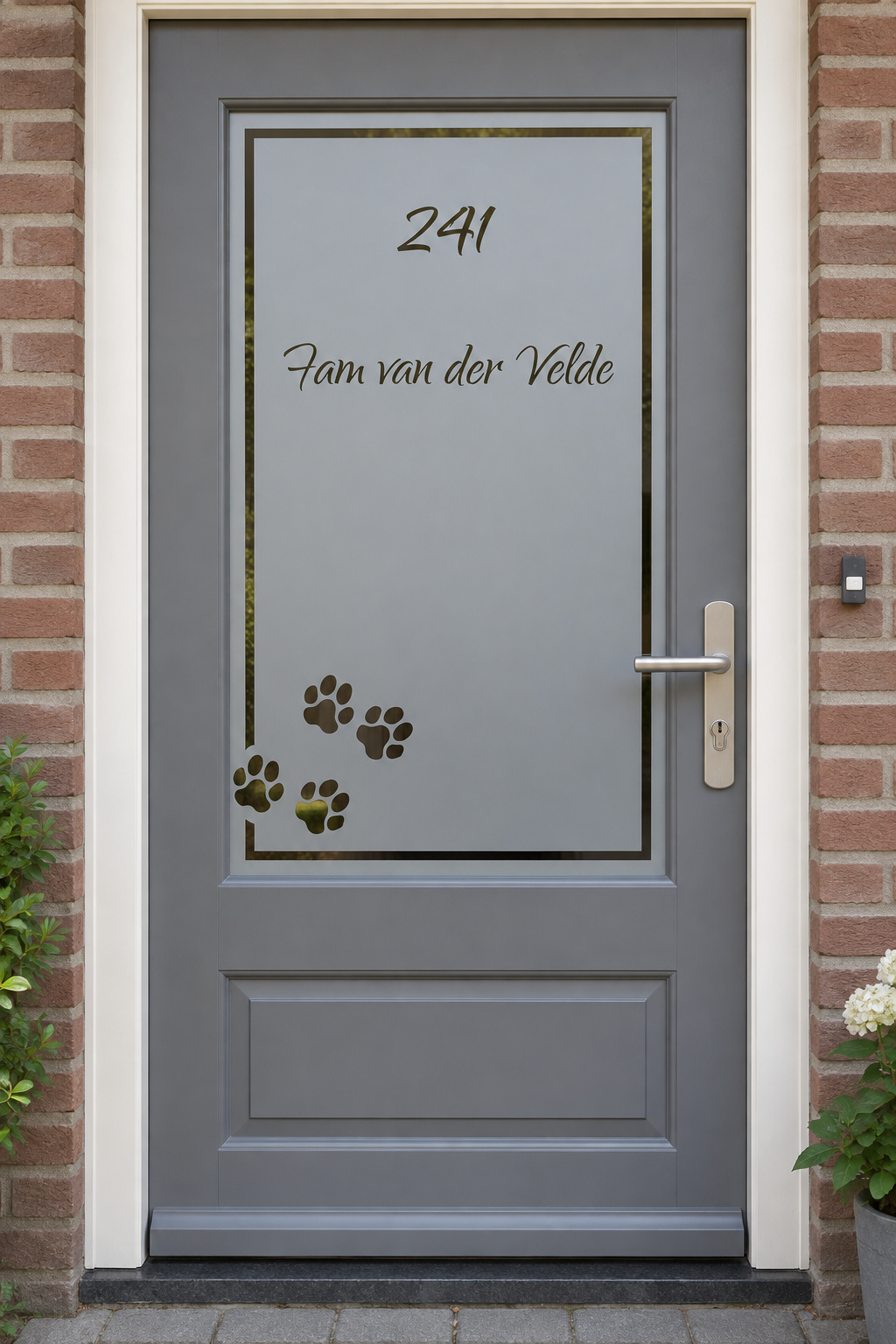 Nederlandse voordeur recht van voren met raamfolie poezenpootjes: vier poezenpootjes met een kader, familienaam en huisnummer.