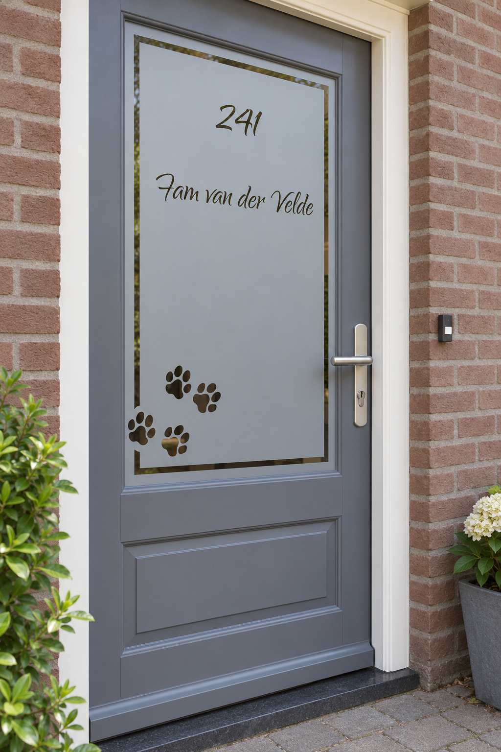 Schuin aanzicht van een Nederlandse voordeur met vier poezenpootjes met een kader, familienaam en huisnummer in raamfolie poezenpootjes.
