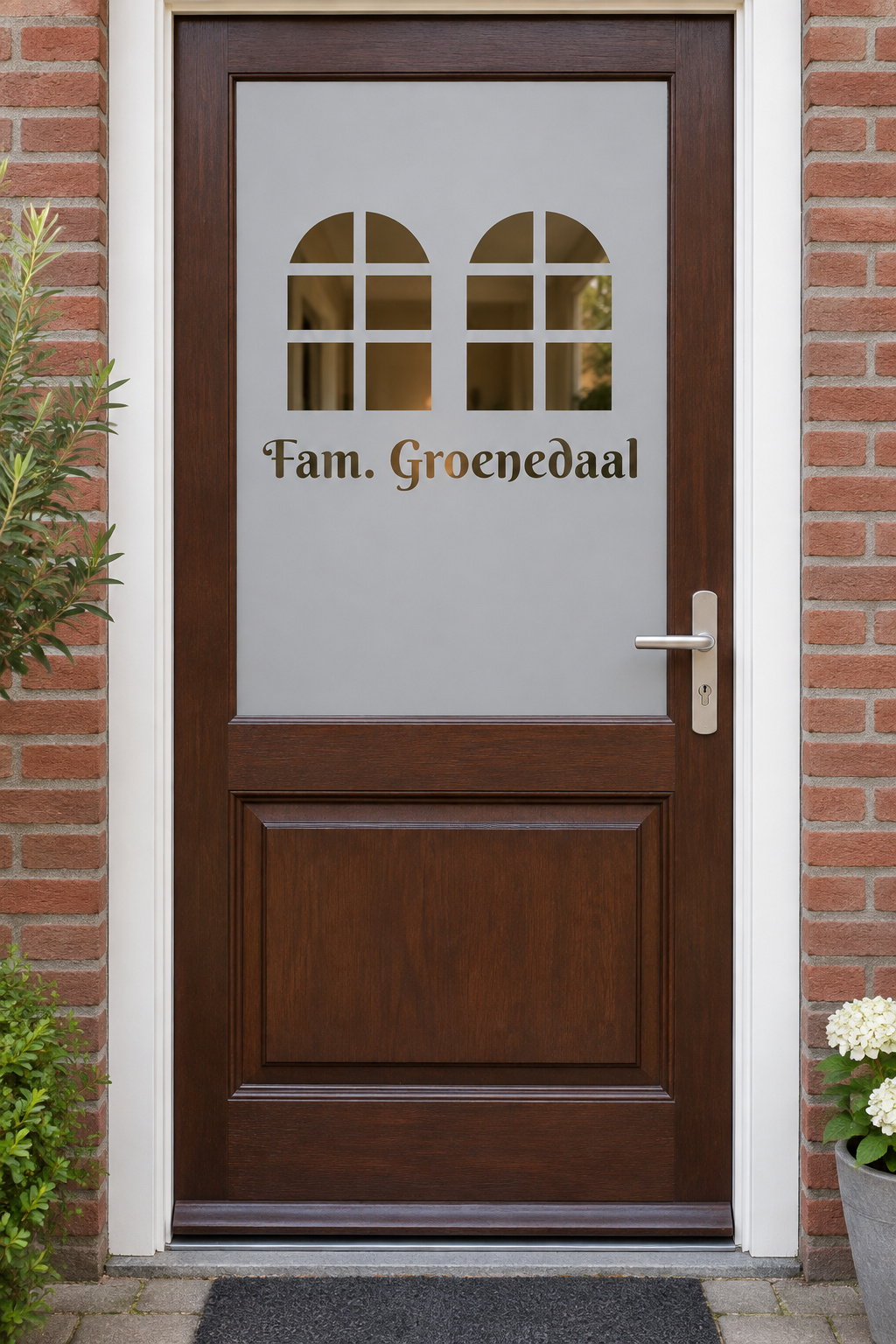 Nederlandse voordeur recht van voren met raamfolie raampjes en naam: twee boograampjes als uitsnijding met de familienaam eronder.