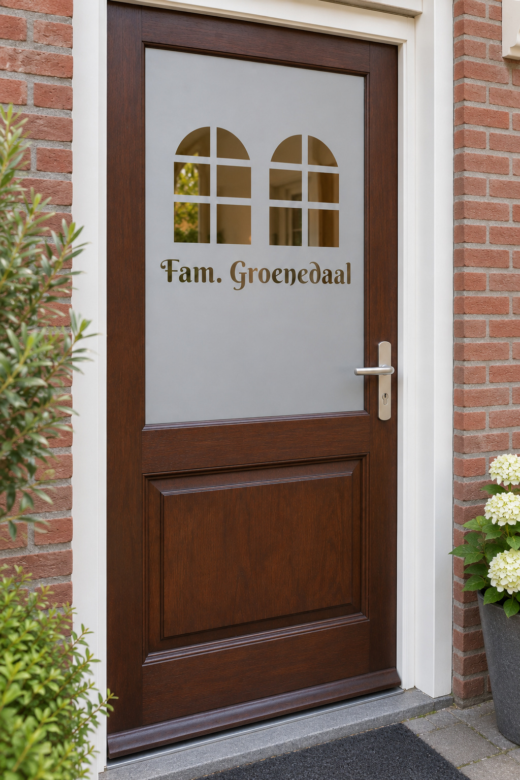 Schuin aanzicht van een Nederlandse voordeur met twee boograampjes als uitsnijding met de familienaam eronder in raamfolie raampjes en naam.