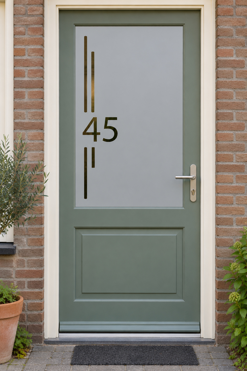 Nederlandse voordeur recht van voren met raamfolie rechte lijnen en huisnummer: twee rechte lijnen rond een huisnummer.