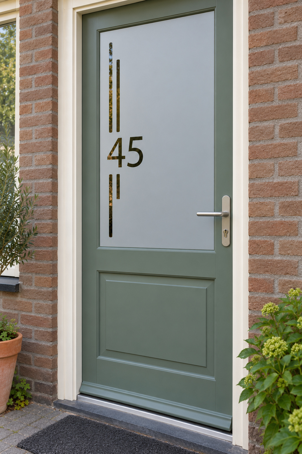Schuin aanzicht van een Nederlandse voordeur met twee rechte lijnen rond een huisnummer in raamfolie rechte lijnen en huisnummer.
