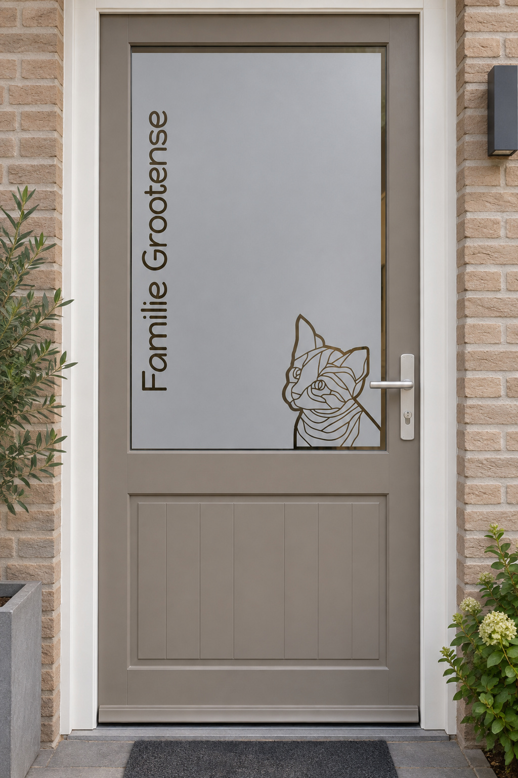 Nederlandse voordeur recht van voren met raamfolie schattige kat en naam: een geometrische kat en verticale familienaam.