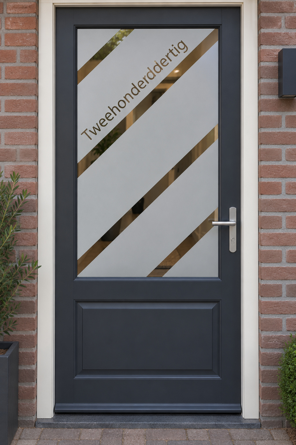 Nederlandse voordeur recht van voren met raamfolie schuine strepen met uitgeschreven huisnummer: schuine strepen met een uitgeschreven huisnummer.