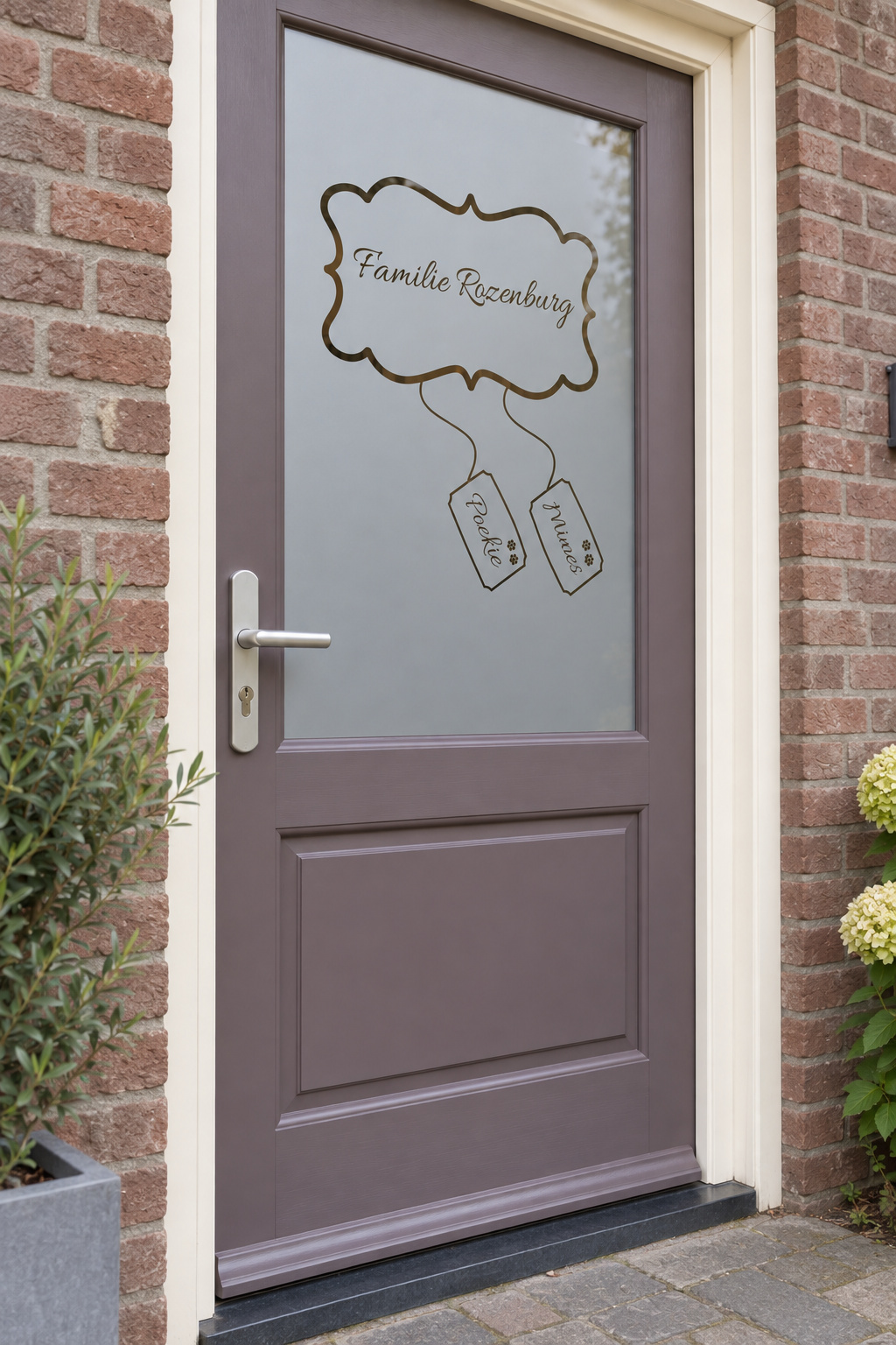 Schuin aanzicht van een Nederlandse voordeur met een sierlijk familiekader met twee naamlabels in raamfolie sierlijk kader en namen.
