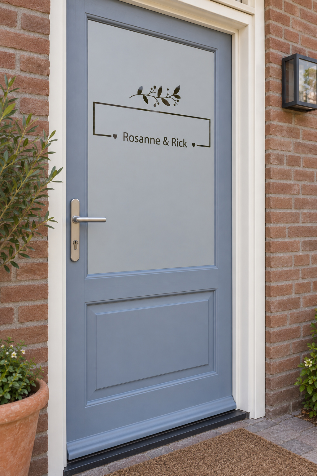 Schuin aanzicht van een Nederlandse voordeur met een sierlijk naamkader met een takje in raamfolie sierlijk kadertje.