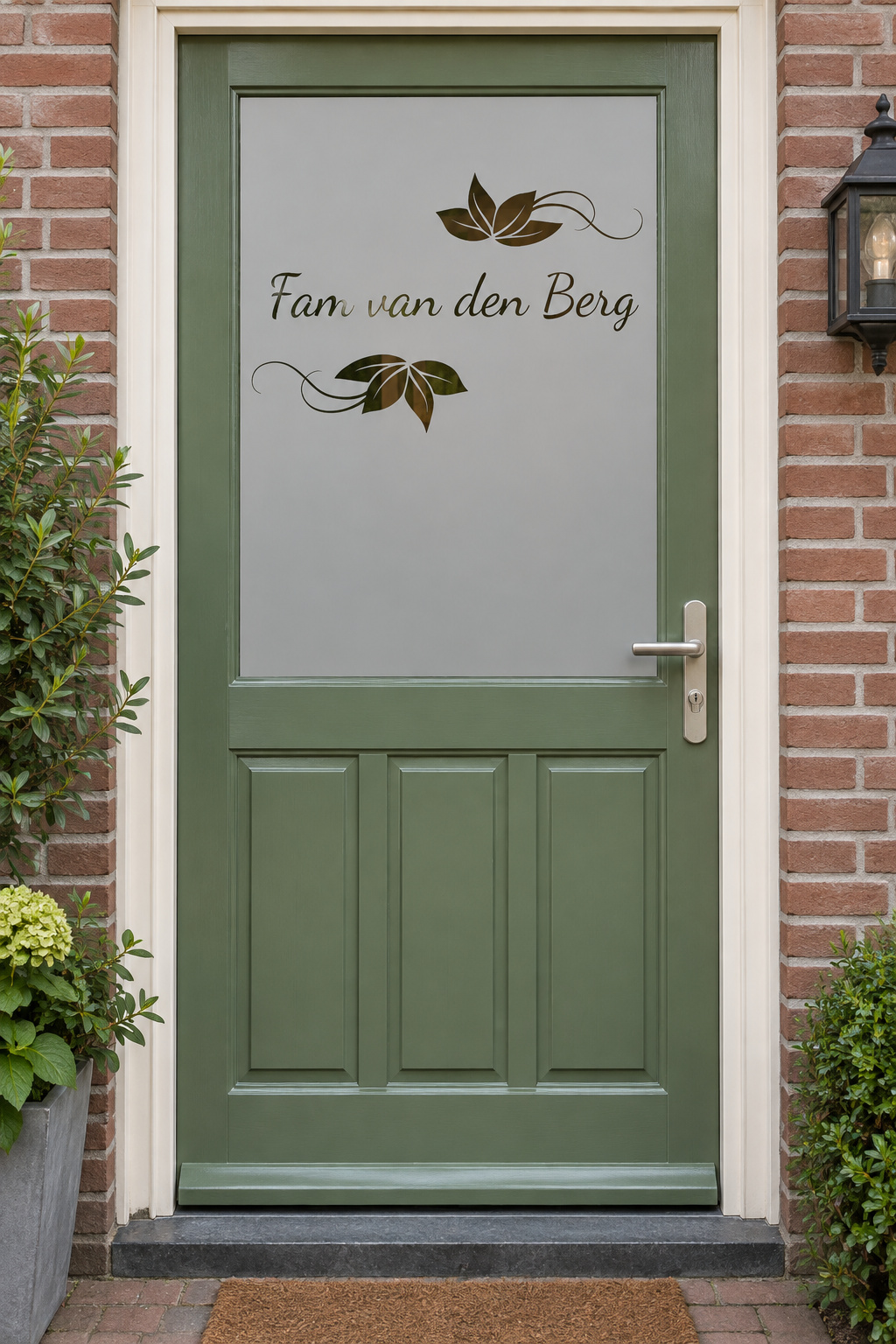 Nederlandse voordeur recht van voren met raamfolie sierlijke lotus met naam: lotusbladeren met sierlijke lijnen en familienaam.