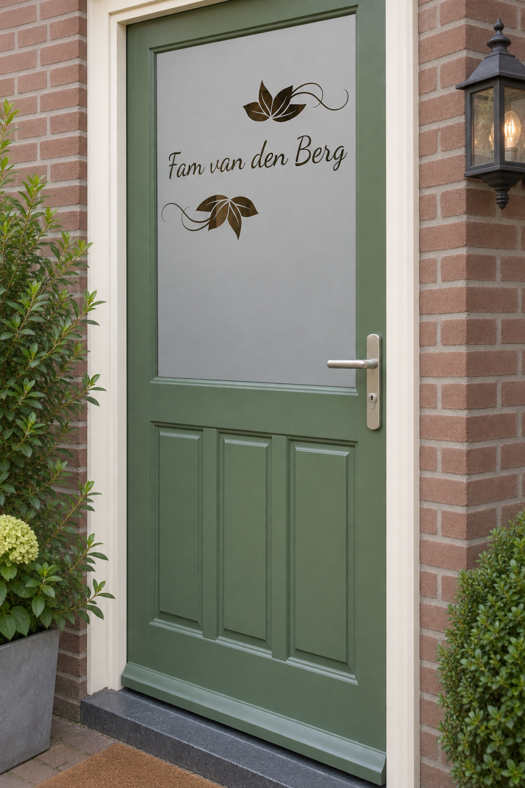 Schuin aanzicht van een Nederlandse voordeur met lotusbladeren met sierlijke lijnen en familienaam in raamfolie sierlijke lotus met naam.