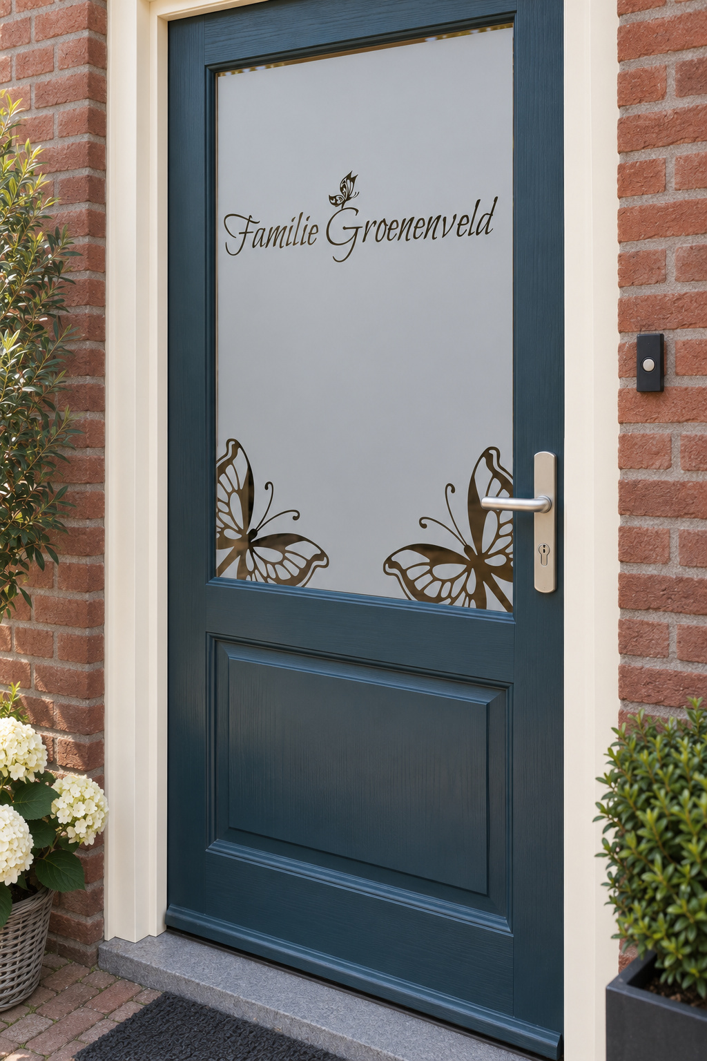 Schuin aanzicht van een Nederlandse voordeur met drie sierlijke vlinders en een familienaam in raamfolie sierlijke vlinders.