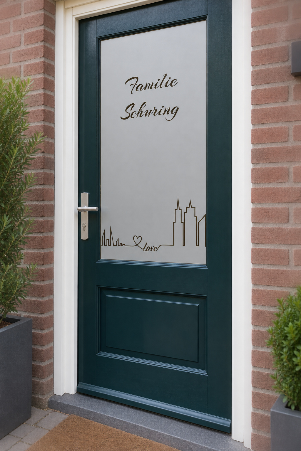 Schuin aanzicht van een Nederlandse voordeur met een skyline, hartje en familienaam in raamfolie skyline met hartje.