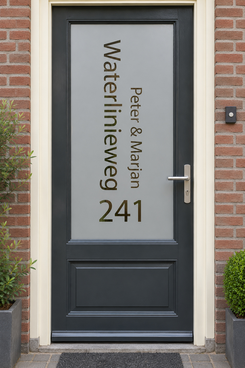 Nederlandse voordeur recht van voren met raamfolie straatnaam en namen: een verticale straatnaam, namen en huisnummer.