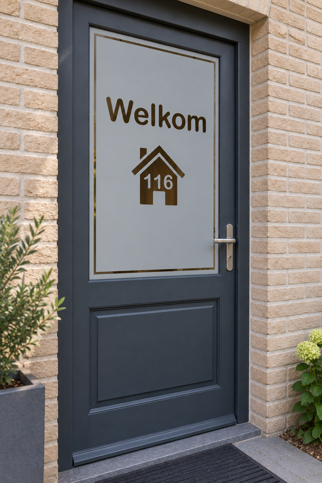 Schuin aanzicht van een Nederlandse voordeur met een huisje met huisnummer en welkomsttekst in raamfolie strak huisje met huisnummer.