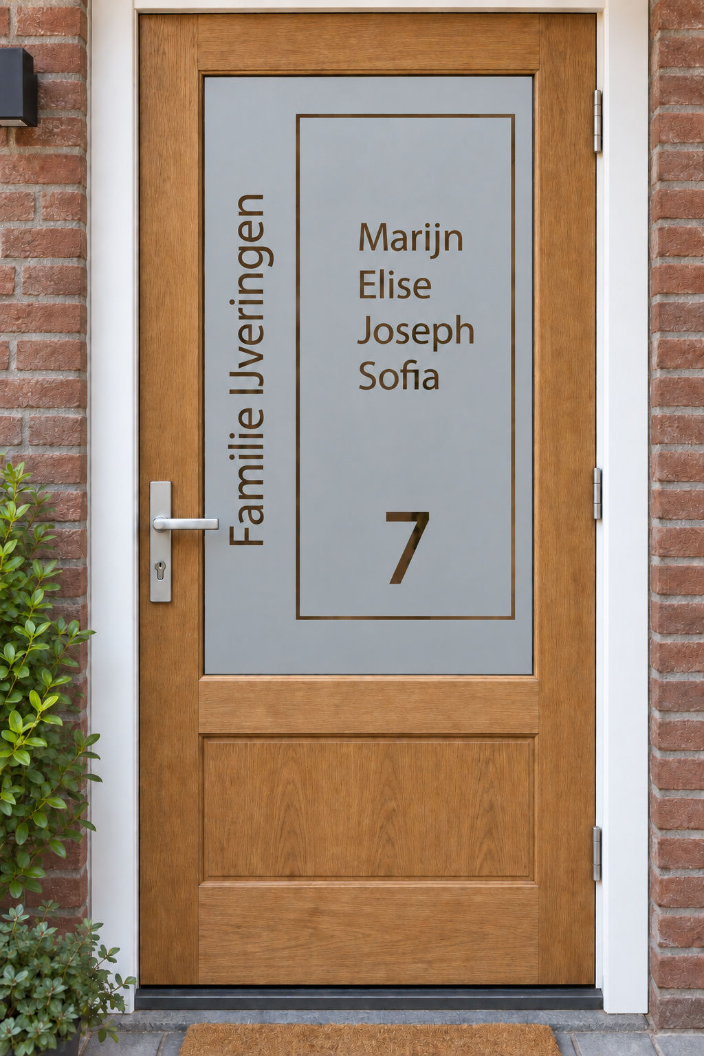 Nederlandse voordeur recht van voren met raamfolie strak kader met naam en huisnummer: een strak kader, verticale familienaam, voornamen en huisnummer.