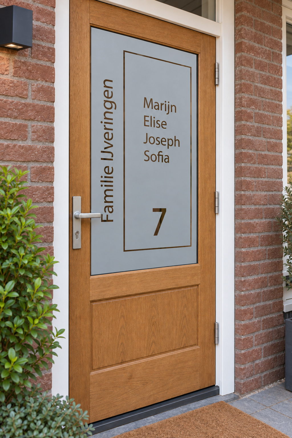 Schuin aanzicht van een Nederlandse voordeur met een strak kader, verticale familienaam, voornamen en huisnummer in raamfolie strak kader met naam en huisnummer.