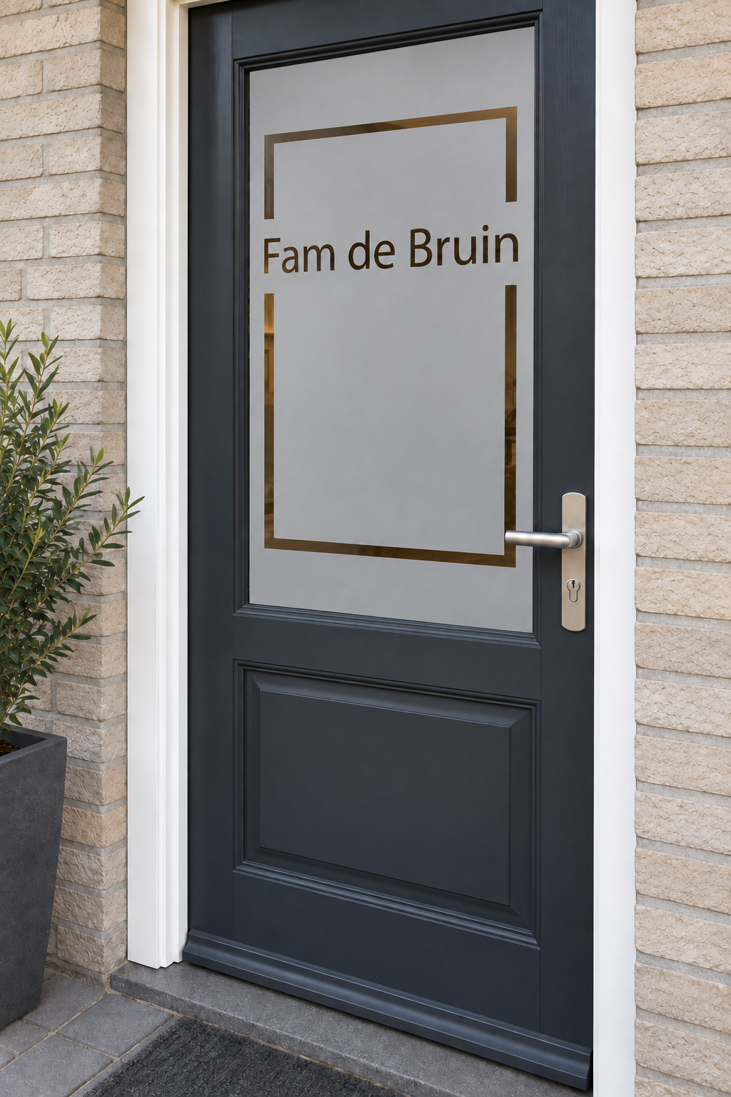 Schuin aanzicht van een Nederlandse voordeur met een onderbroken rechthoekig kader met de familienaam in raamfolie strak kader met naam.
