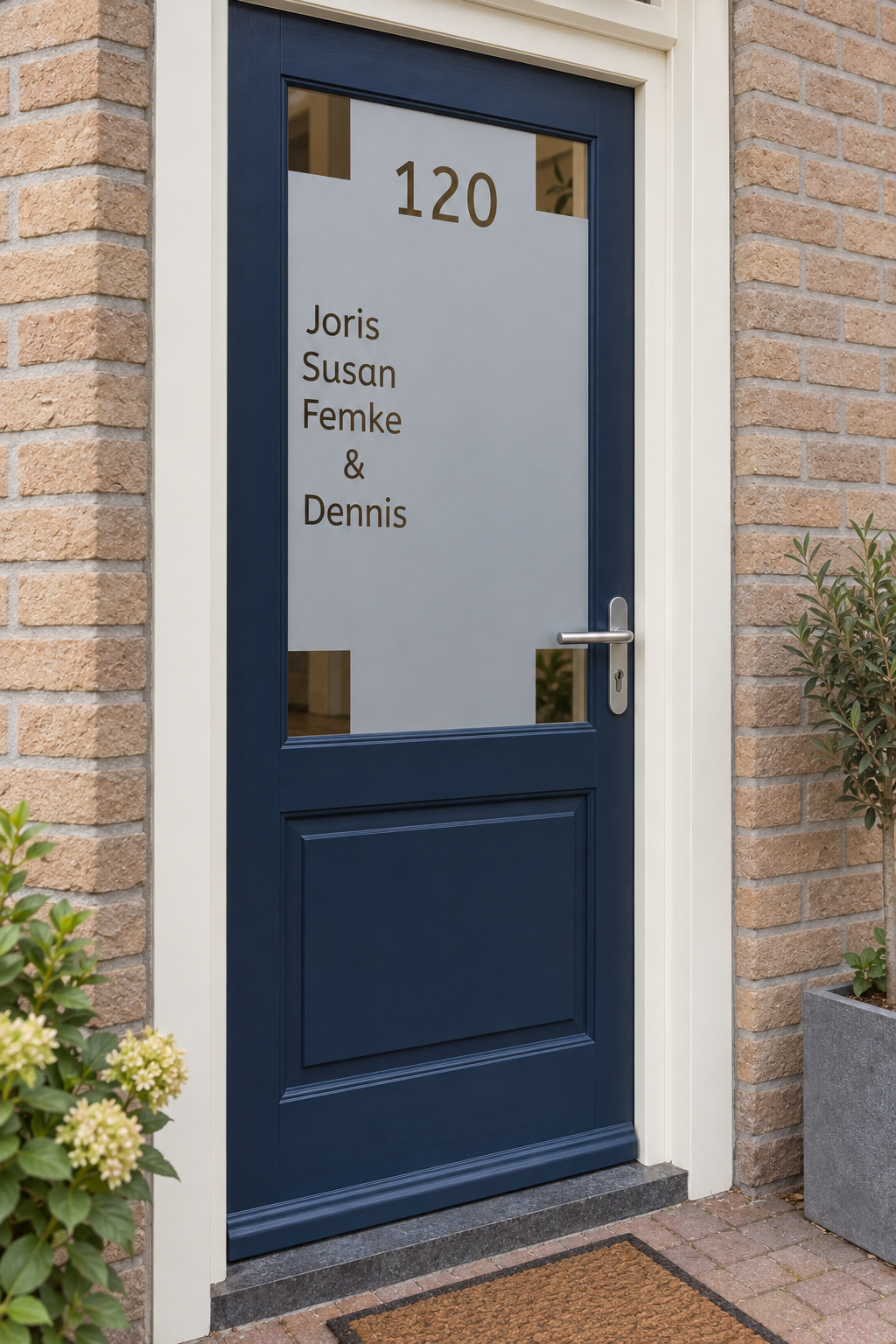 Schuin aanzicht van een Nederlandse voordeur met vier hoekuitsparingen met namen en huisnummer in raamfolie strak met namen en huisnummer.
