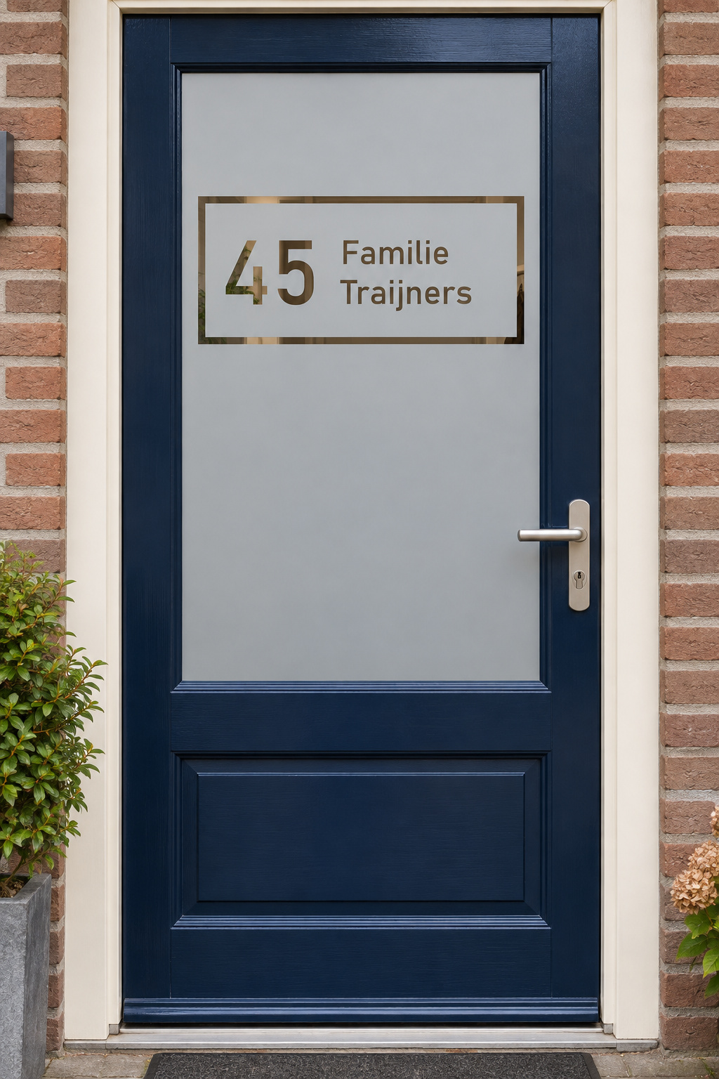 Nederlandse voordeur recht van voren met raamfolie strak naamkader: een rechthoekig kader met naam en huisnummer.