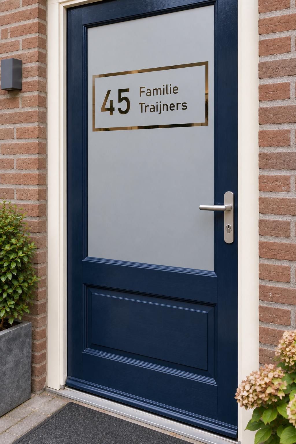 Schuin aanzicht van een Nederlandse voordeur met een rechthoekig kader met naam en huisnummer in raamfolie strak naamkader.