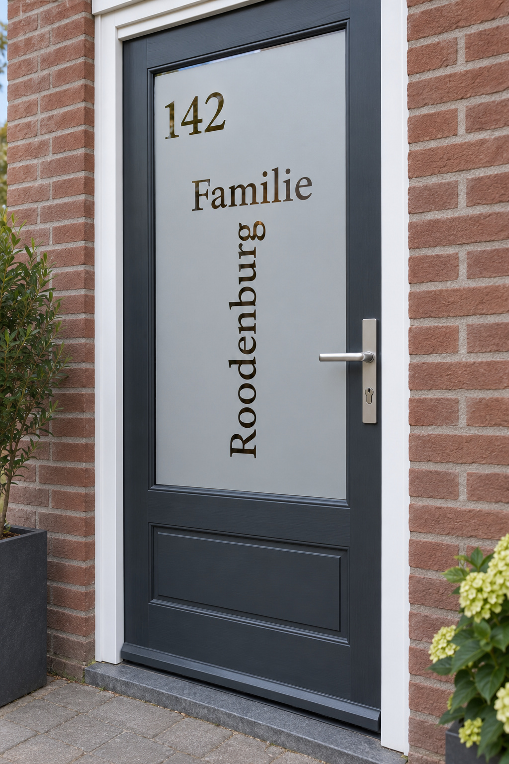 Schuin aanzicht van een Nederlandse voordeur met huisnummer 142 met een familienaam in horizontale en verticale tekst in raamfolie strak ontwerp huisnummer en naam.