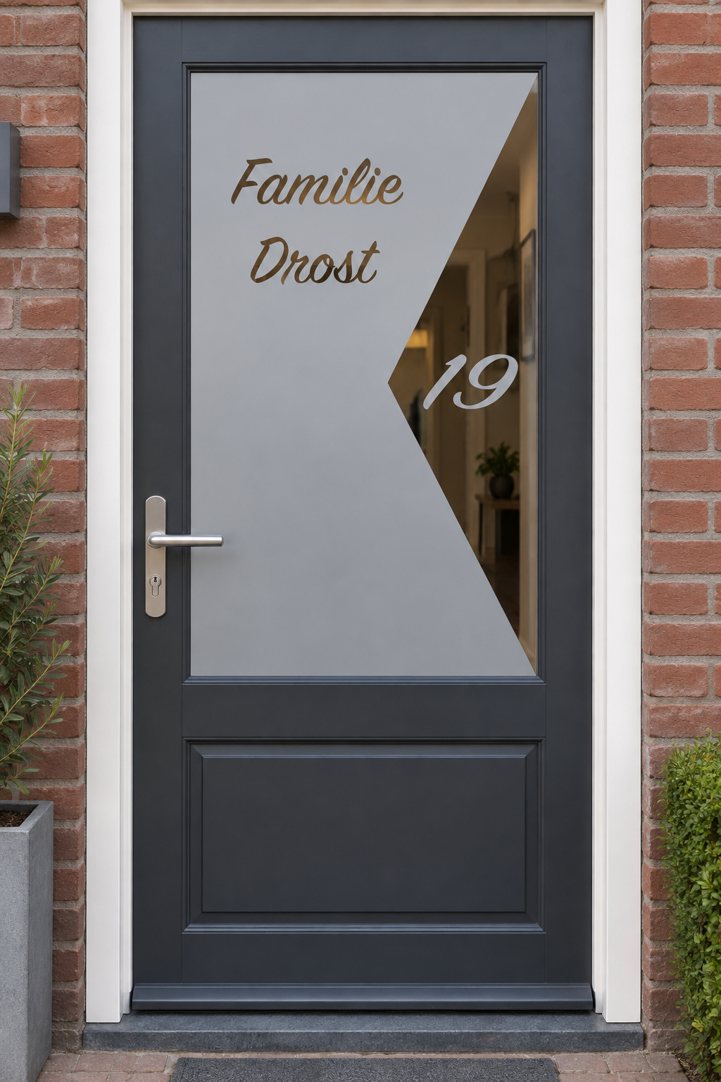 Nederlandse voordeur recht van voren met raamfolie strak ontwerp met naam en huisnummer: een hoekige uitsparing met huisnummer en de familienaam erboven.