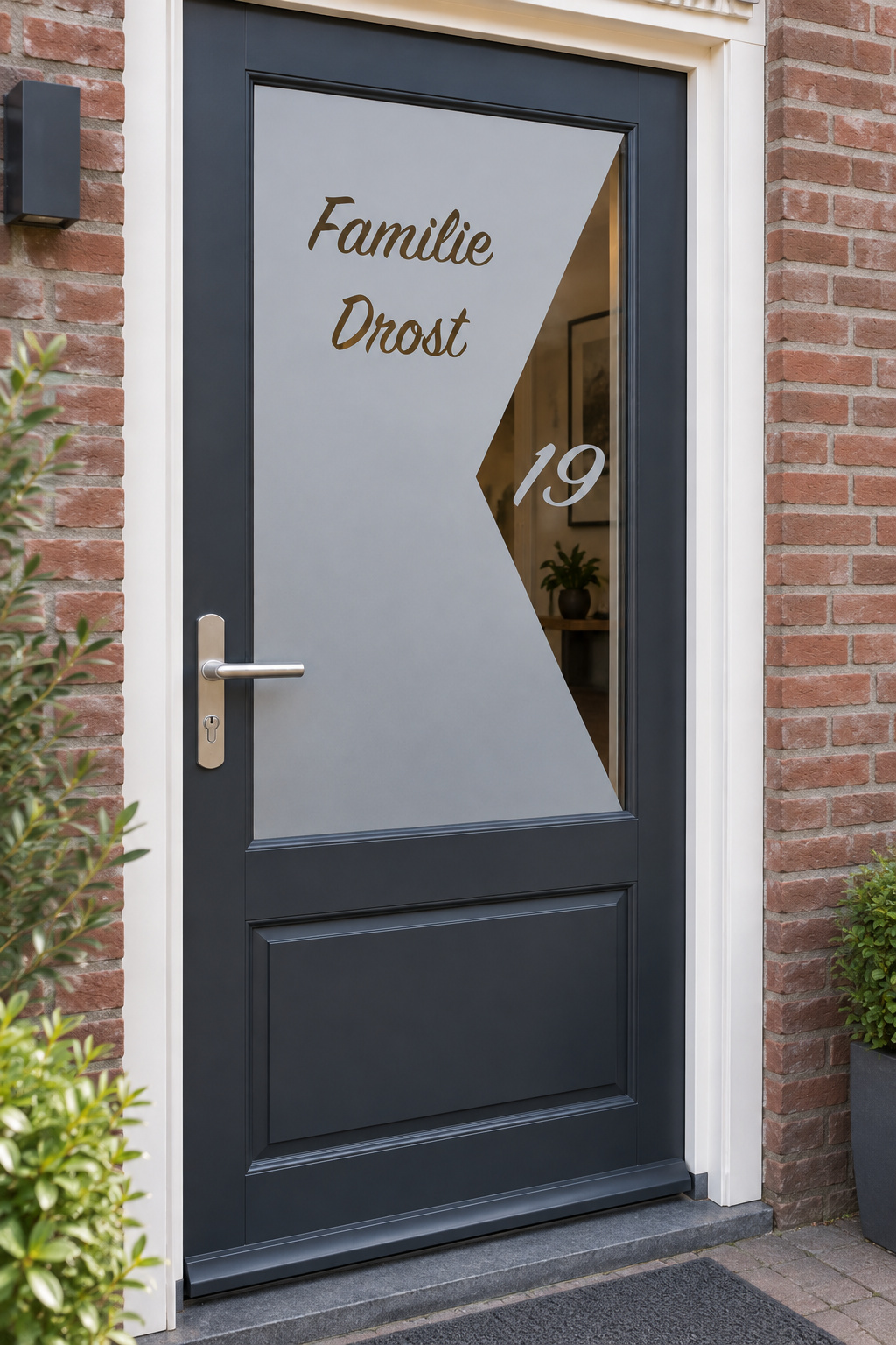 Schuin aanzicht van een Nederlandse voordeur met een hoekige uitsparing met huisnummer en de familienaam erboven in raamfolie strak ontwerp met naam en huisnummer.