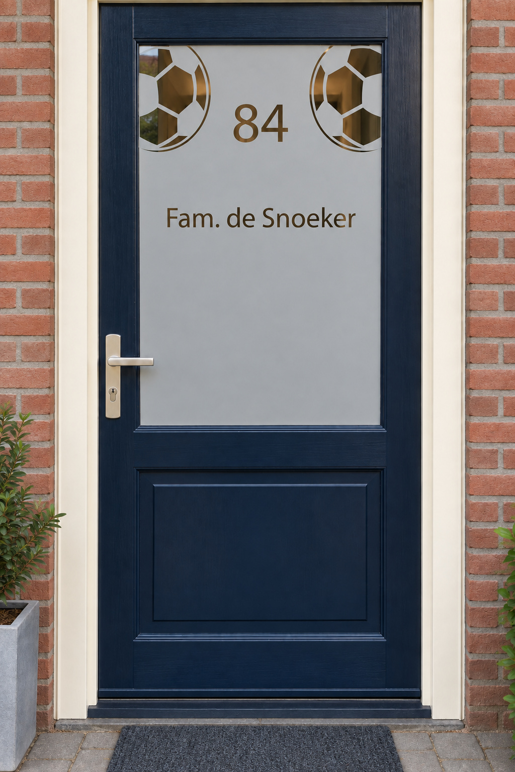 Nederlandse voordeur recht van voren met raamfolie voetballen met naam: twee voetballen met familienaam en huisnummer.