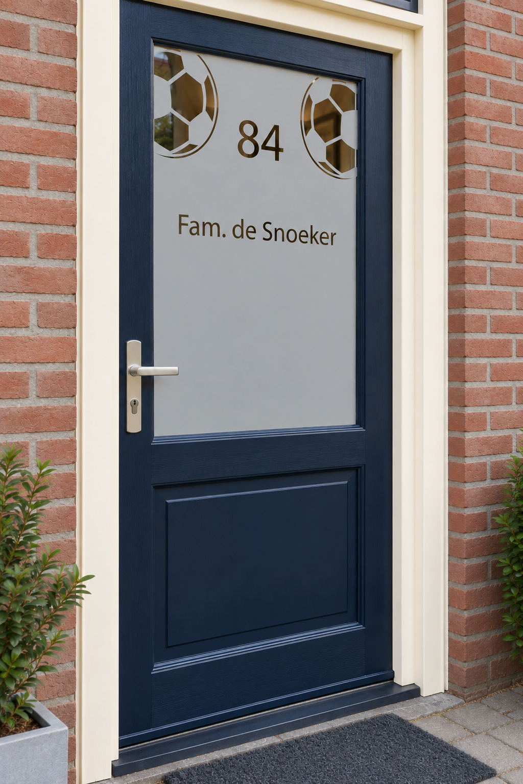 Schuin aanzicht van een Nederlandse voordeur met twee voetballen met familienaam en huisnummer in raamfolie voetballen met naam.
