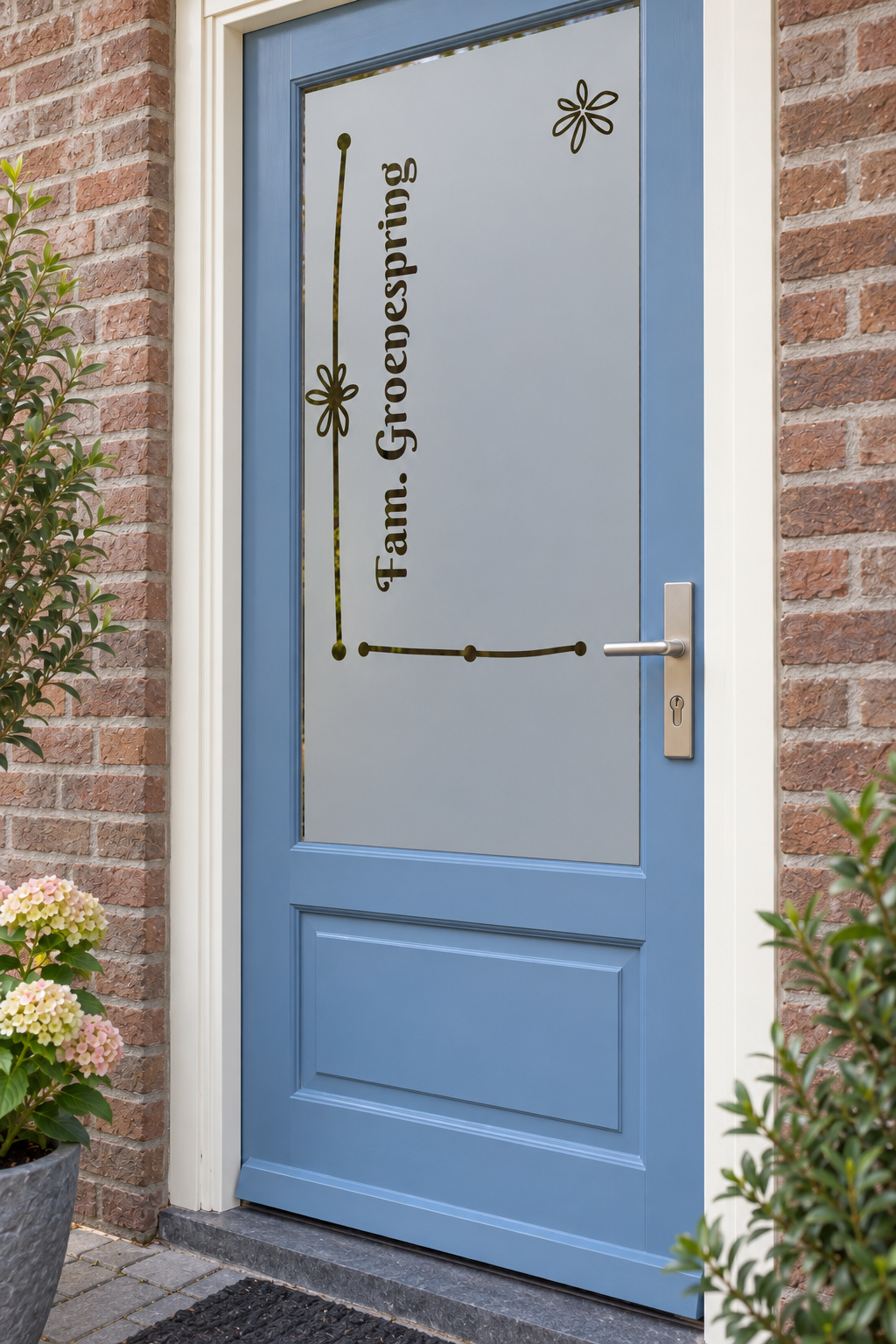 Schuin aanzicht van een Nederlandse voordeur met speelse lijnen met bloemvormen en een verticale familienaam in raamfolie vrolijke lijnen.