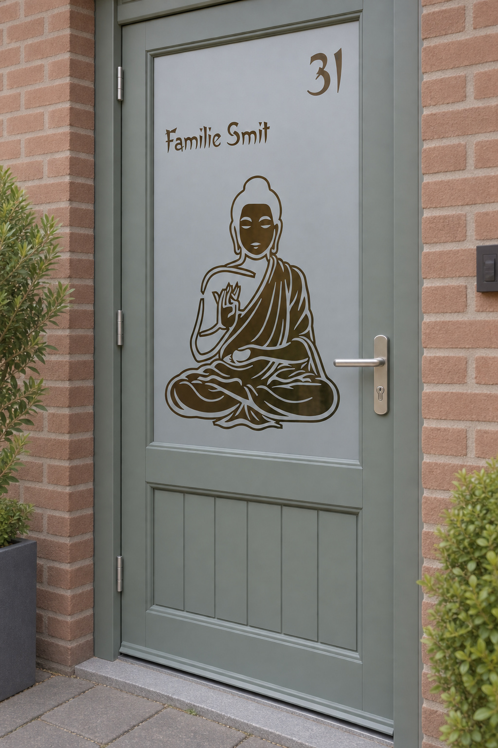 Schuin aanzicht van een Nederlandse voordeur met een zittende Boeddha met naam en huisnummer in raamfolie zittende boeddha.
