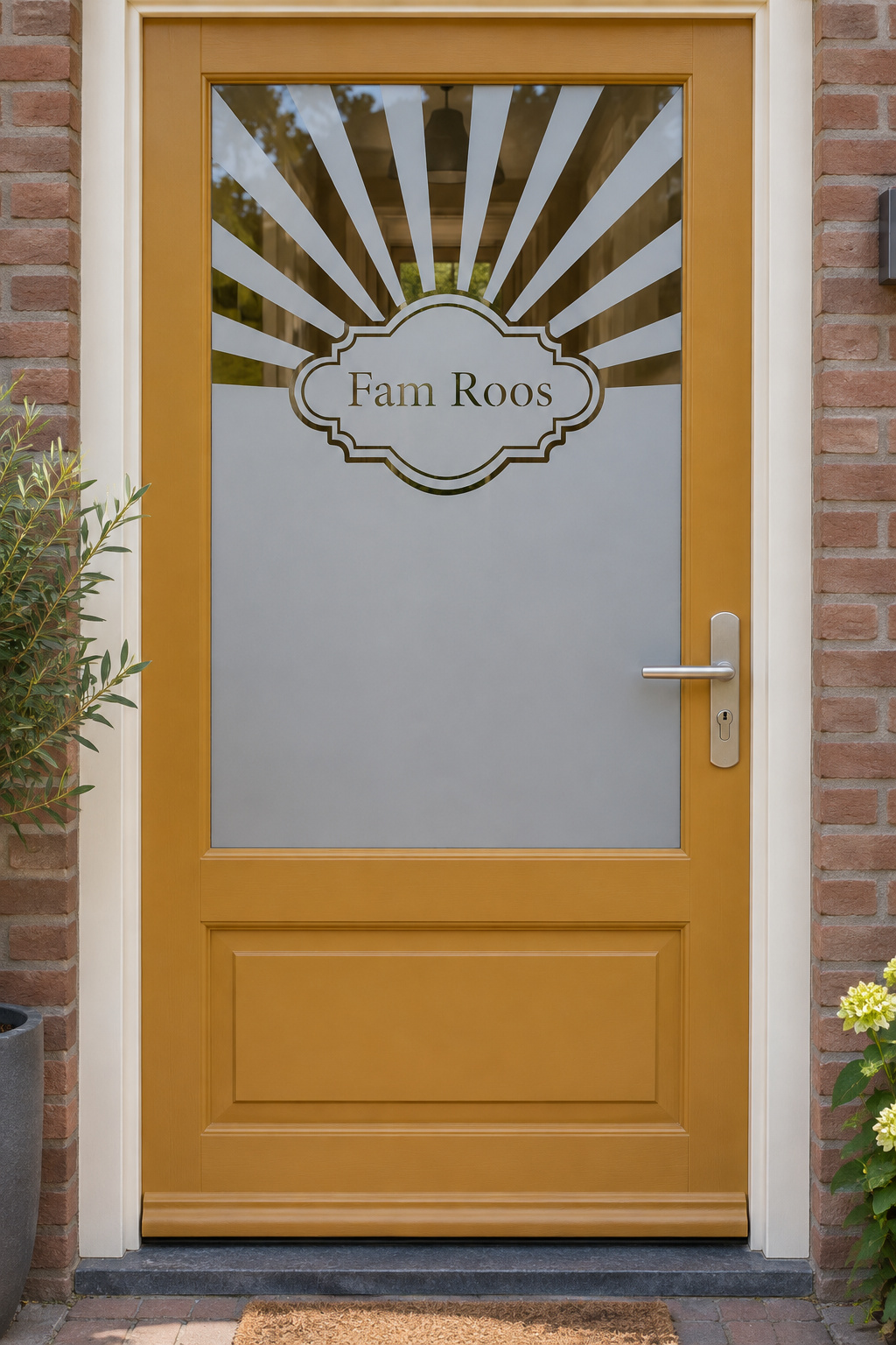 Nederlandse voordeur recht van voren met raamfolie zonnestralen met naam: zonnestralen rond een naamschild.